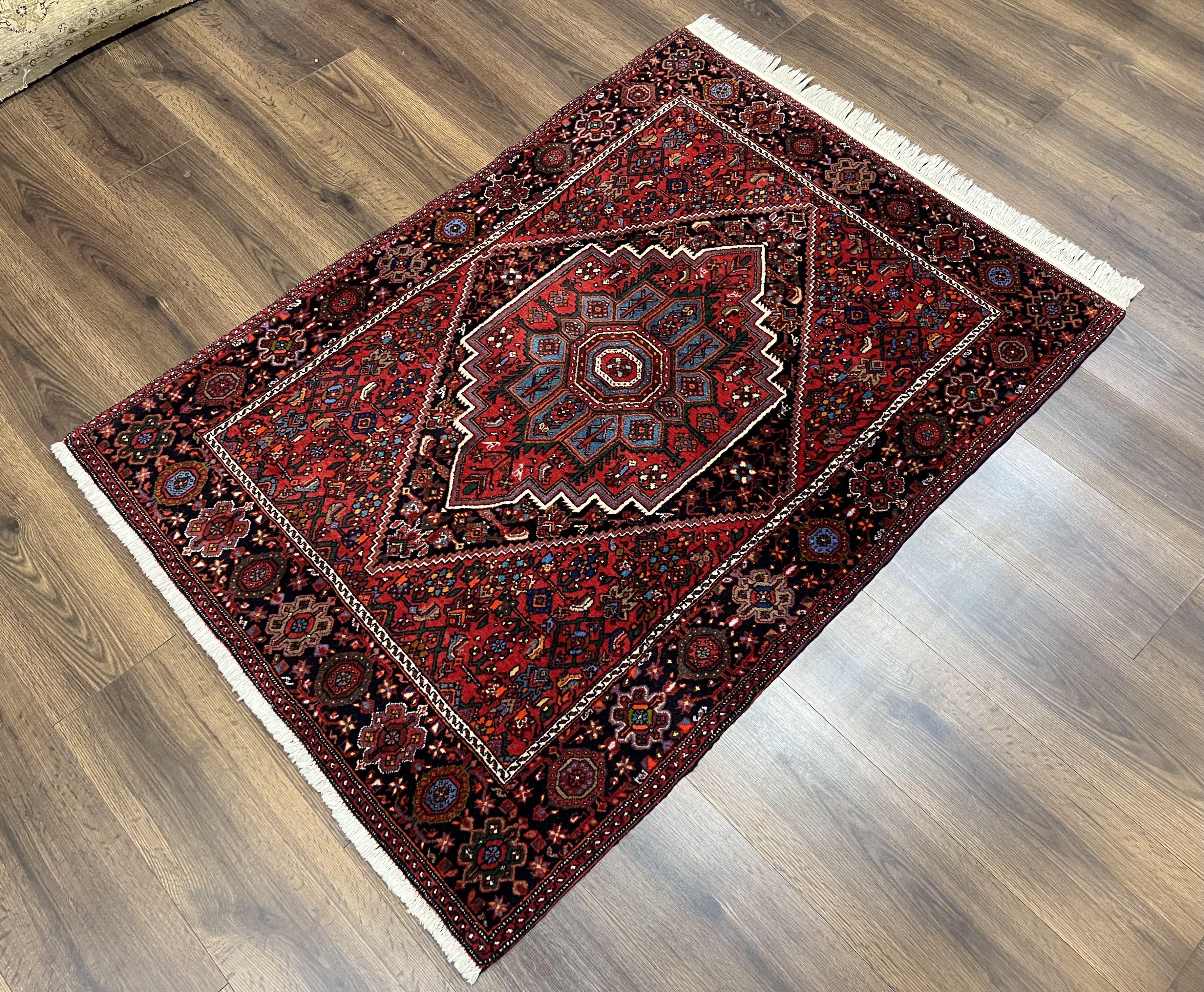 Fine Persian Bidjar Rug 3x5 ft, Ruby Red and Black, Geometric Medallion, Hand Knotted Semi Antique Oriental Bijar Carpet, Wool Area Rug, Tribal Rug - Jewel Rugs