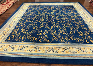 Vintage Spanish Portuguese Area Rug 10x12, Almost Square Size, Navy Blue - Gold - Cream, Floral European Design, Soft Wool Carpet Handmade - Jewel Rugs