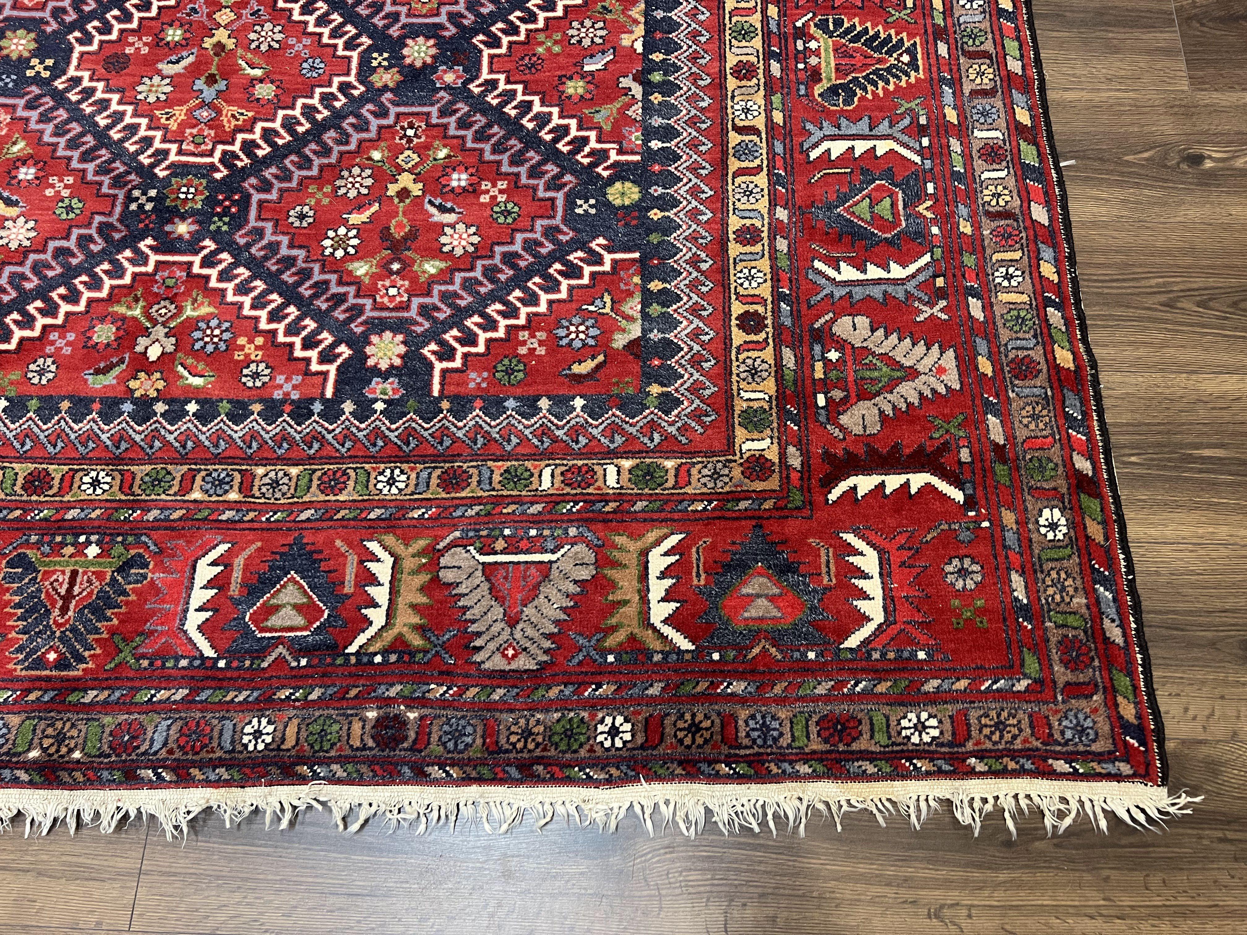 Wonderful Persian Rug 7x10, Persian Shiraz Yalameh Tribal Rug 7 x 10, Semi Antique Colorful Persian Carpet, Geometric Diamond, Handmade Wool, Red Navy Blue - Jewel Rugs