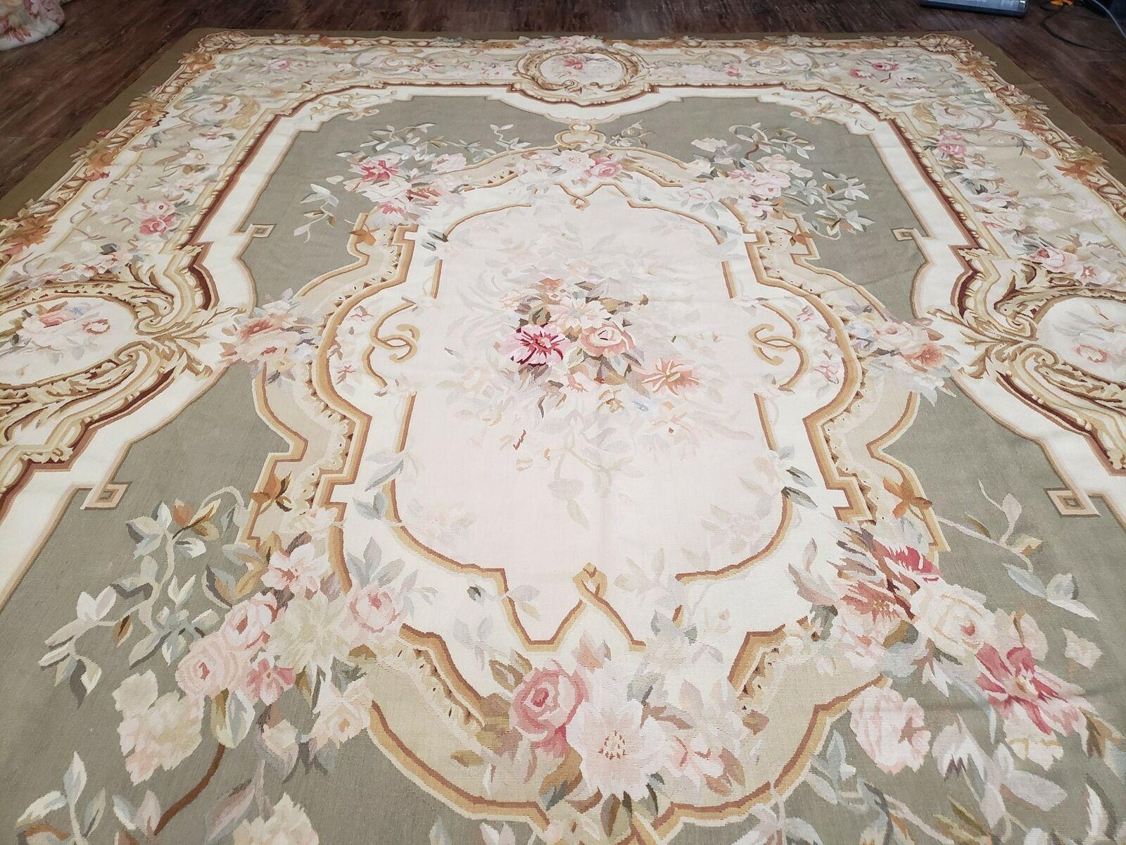 9' X 12' Handmade Aubusson Weave Needllepoint Flat Pile Wool Rug Beige Olive - Jewel Rugs