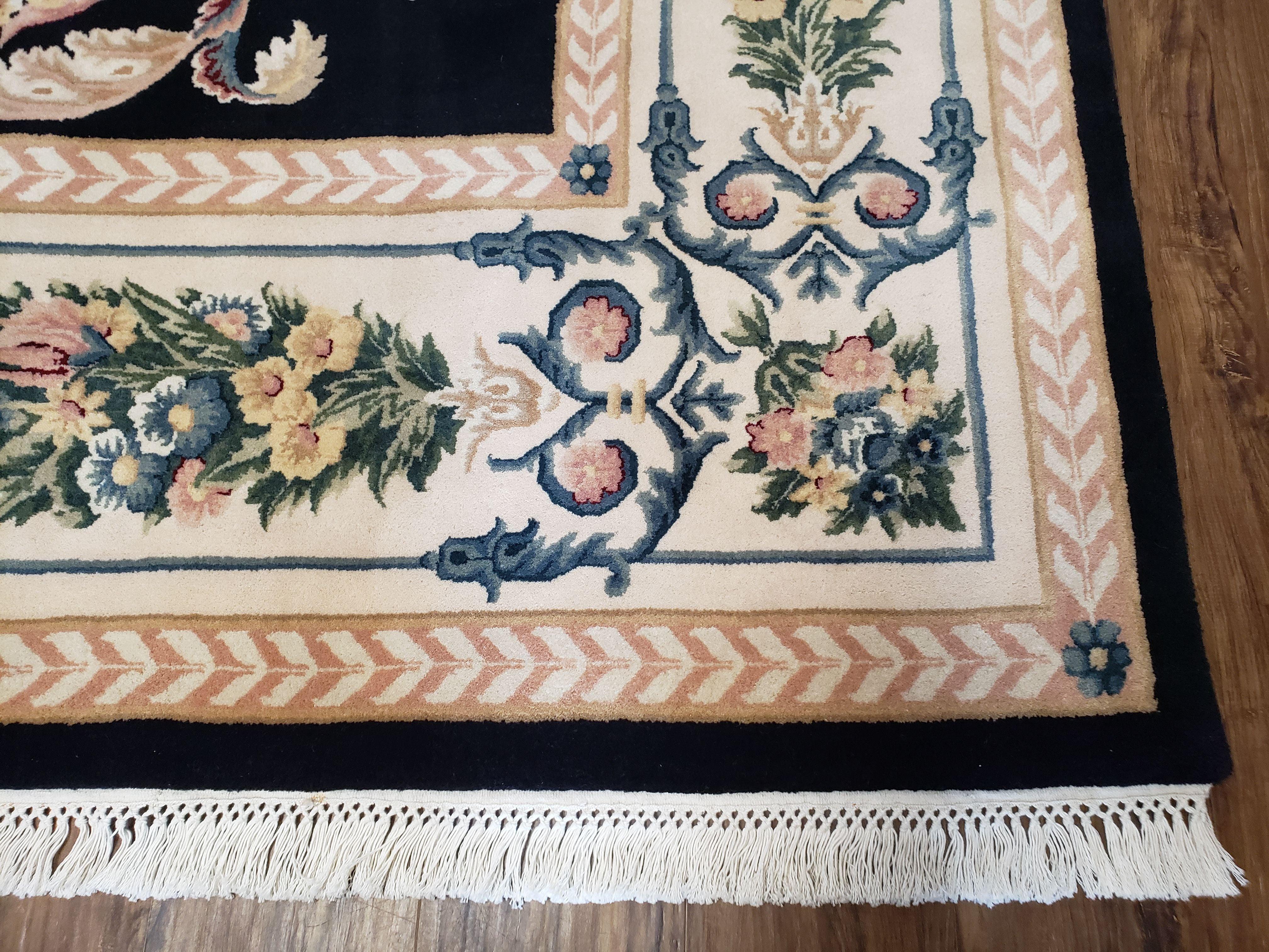 Vintage Chinese Aubusson Savonnerie Wool Area Rug, Hand-Knotted, Black & Beige, Elegant 9x12 Living Room Carpet 8.11 x 12.7 European Design - Jewel Rugs