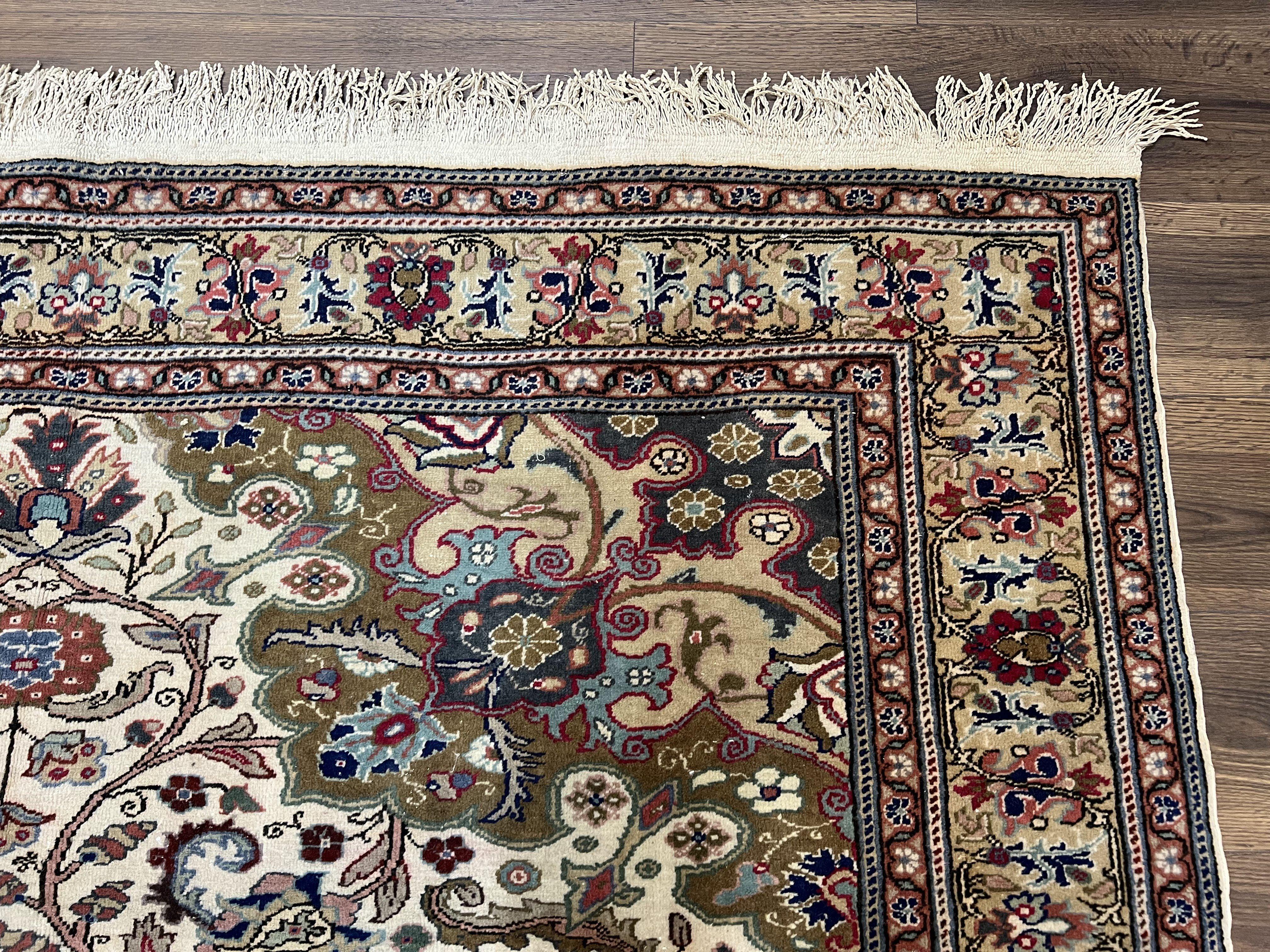 Turkish Sivas Rug 7x9, Vintage Wool Hand-Knotted Carpet, Ivory Cream Purple Tan, Floral Medallion Rug, Fine Oriental Carpet, Medium Size Rug - Jewel Rugs