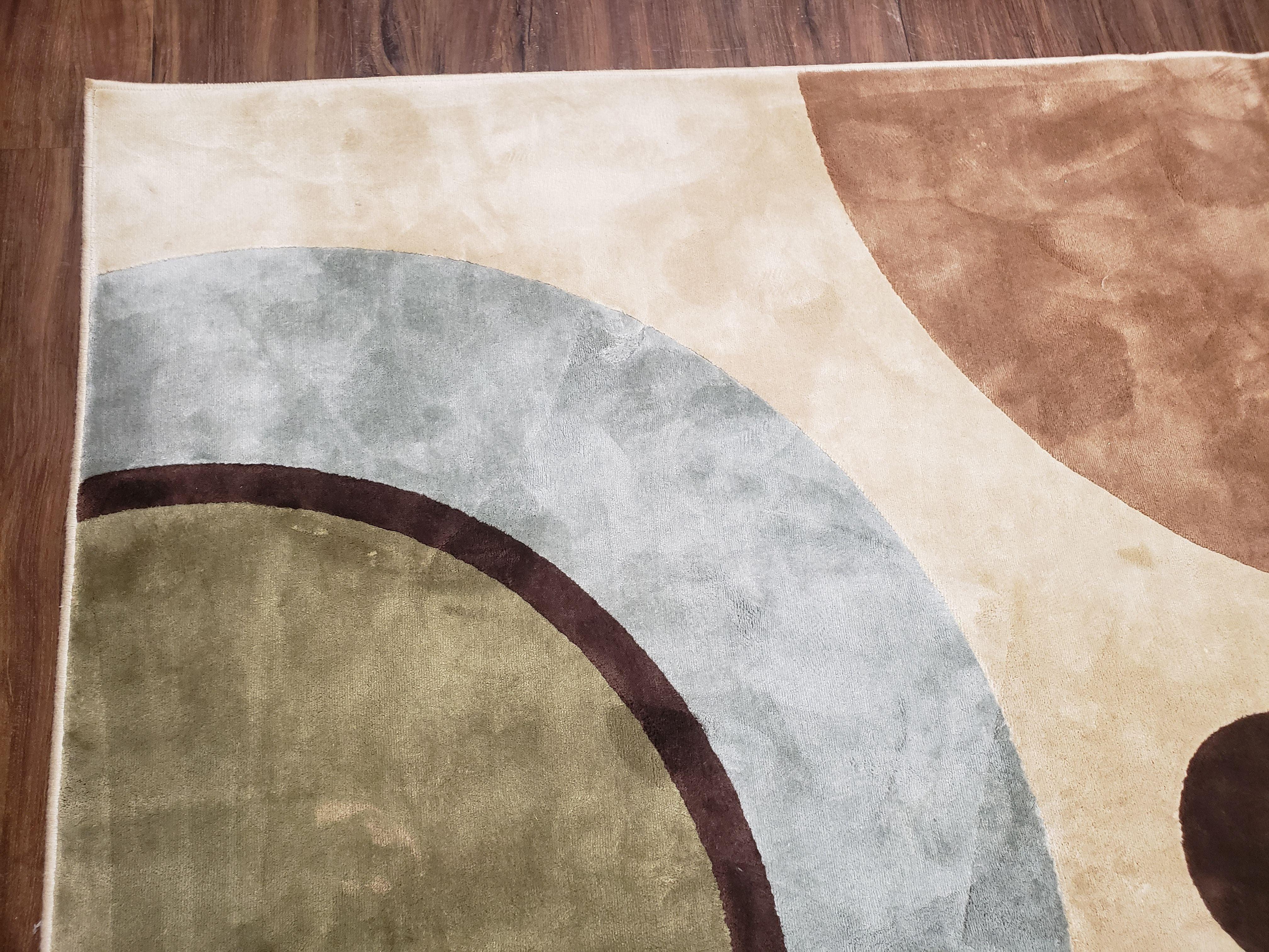 8x11 Modern Rug, 8 x 11 Abstract Area Rug, Circles, Cream, Tan, Art Silk, Soft Carpet - Jewel Rugs