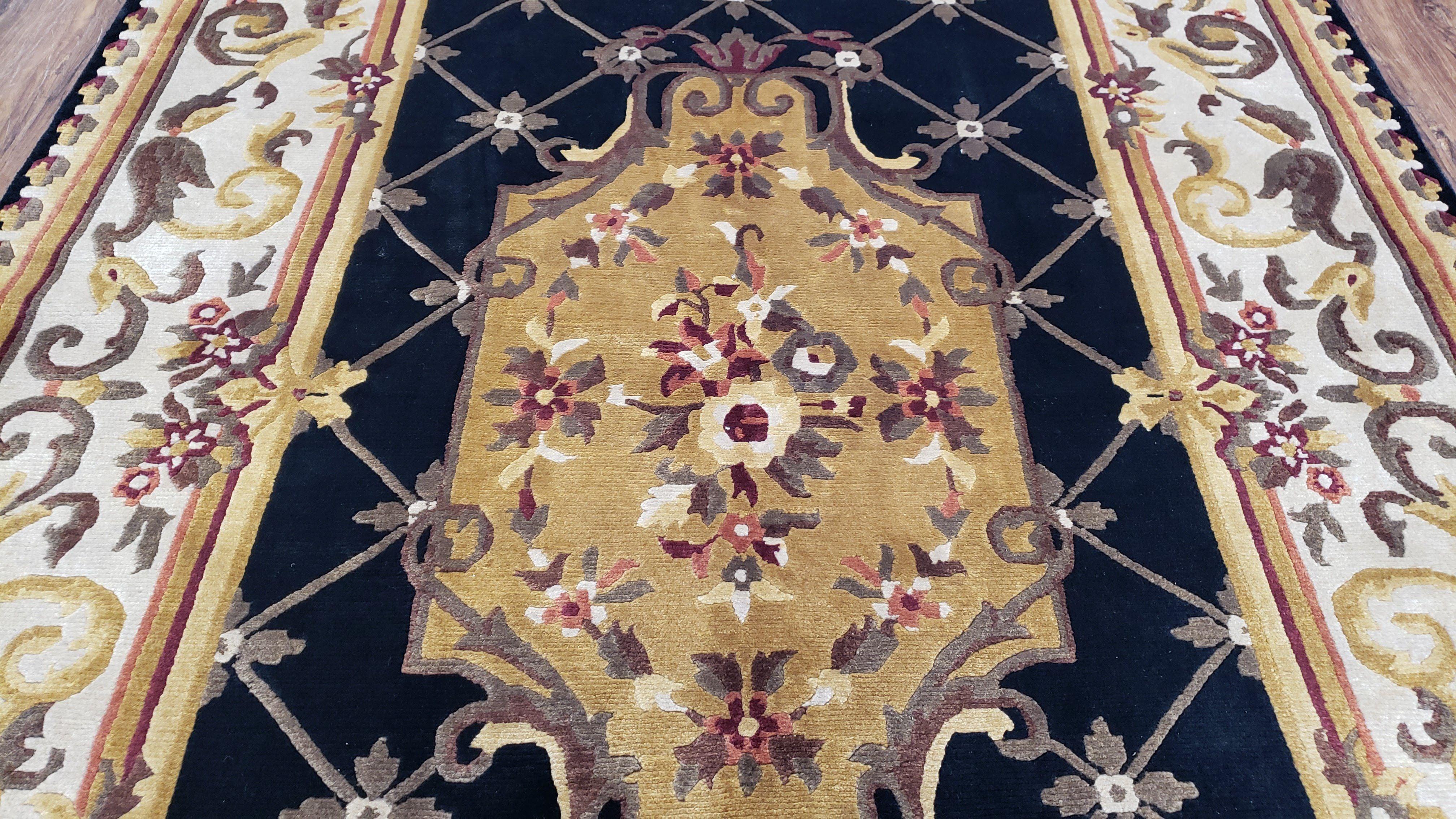 Nepal Rug 6x9, Nepalese Aubusson Area Rug 6 x 9, Hand-Knotted Wool Soft Pile Black & Beige Tibetan Aubusson New Carpet European Savonnerie - Jewel Rugs