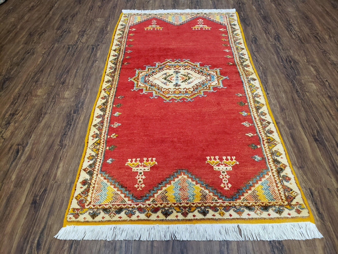 Vintage Moroccan Area Rug, Bright Red Hand-Knotted Wool Carpet, Medallion Area Rug, 4x6 Carpet, Office Room Rug, 3'4