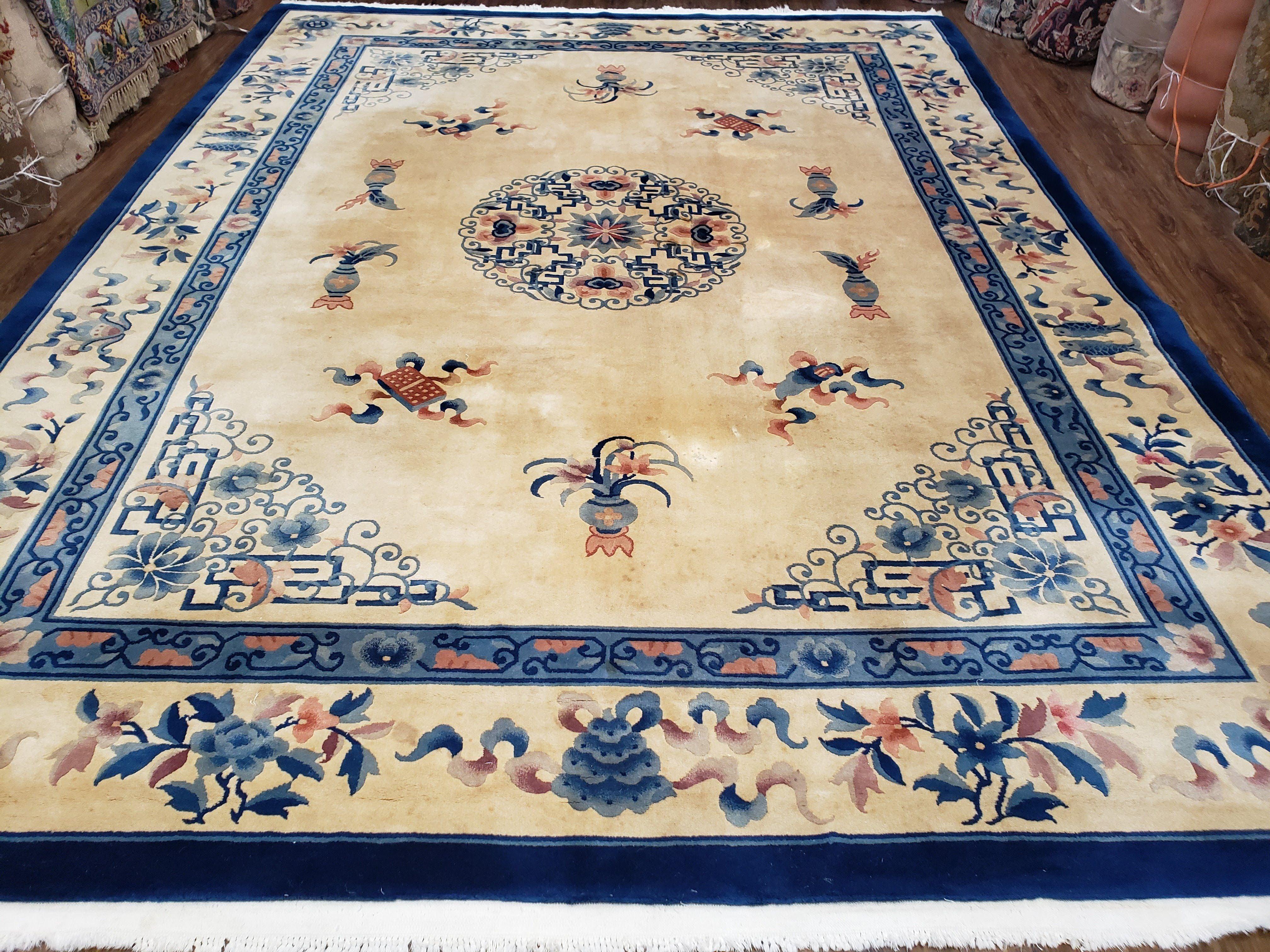 Vintage Chinese Carving Rug, Hand-Knotted Area Rug 9x12, Cream & Blue Art Deco Carpet, Asian Style Rugs, Soft Plush Wool Living Room Rug - Jewel Rugs