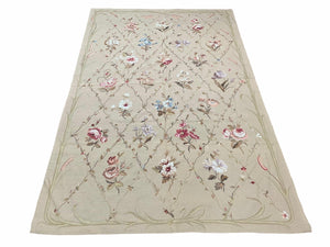 Beige Needlepoint Rug 6x9, Flatweave Aubusson Carpet, Flowers, Pretty, Hand-Knotted, French European Design, Wool, Handmade, New - Jewel Rugs