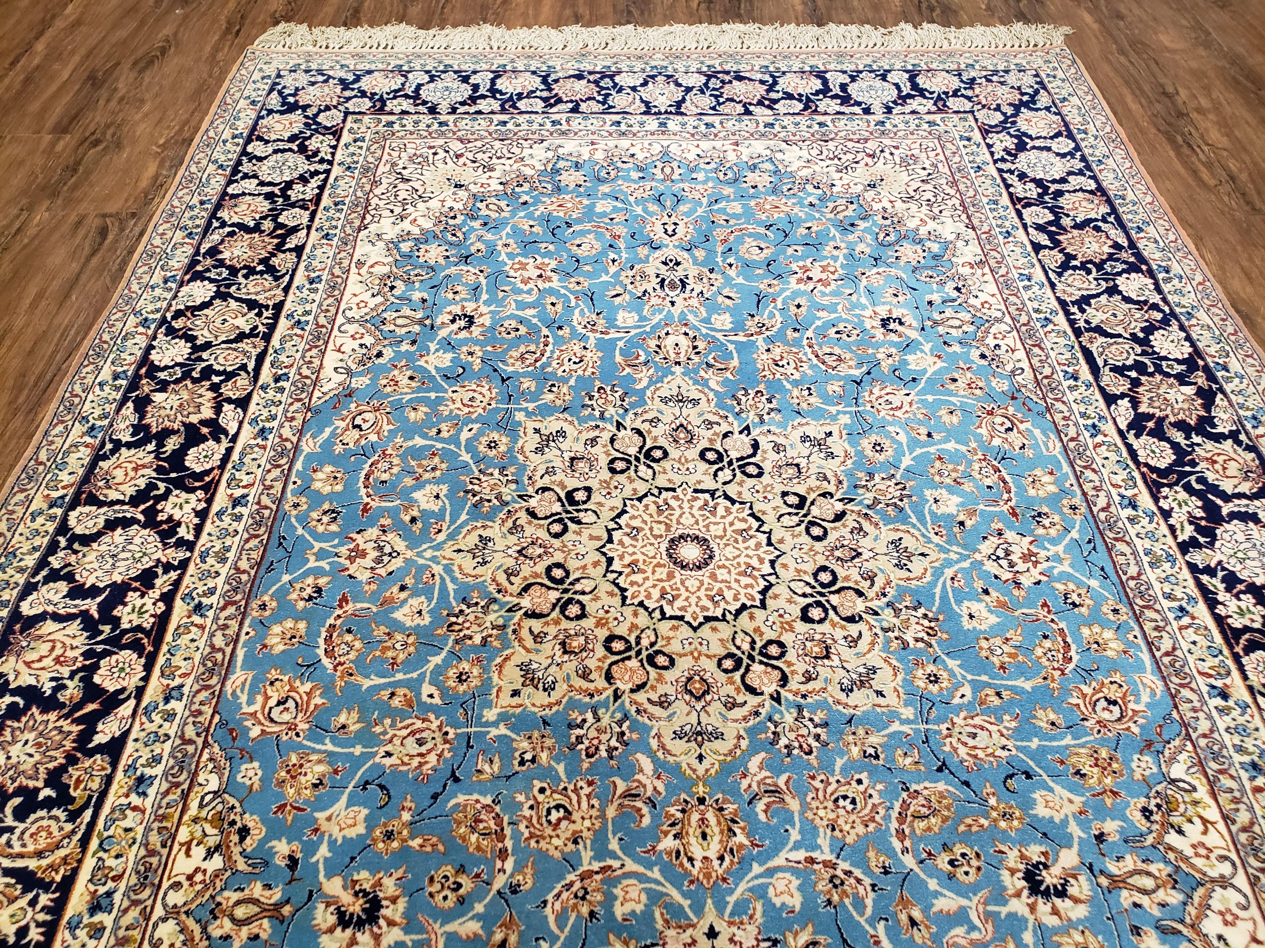 Semi Antique Persian Isfahan Rug, Kork Wool on Silk Foundation, Sky Blue, Hand-Knotted, 5' 1" x 7' 8" - Jewel Rugs