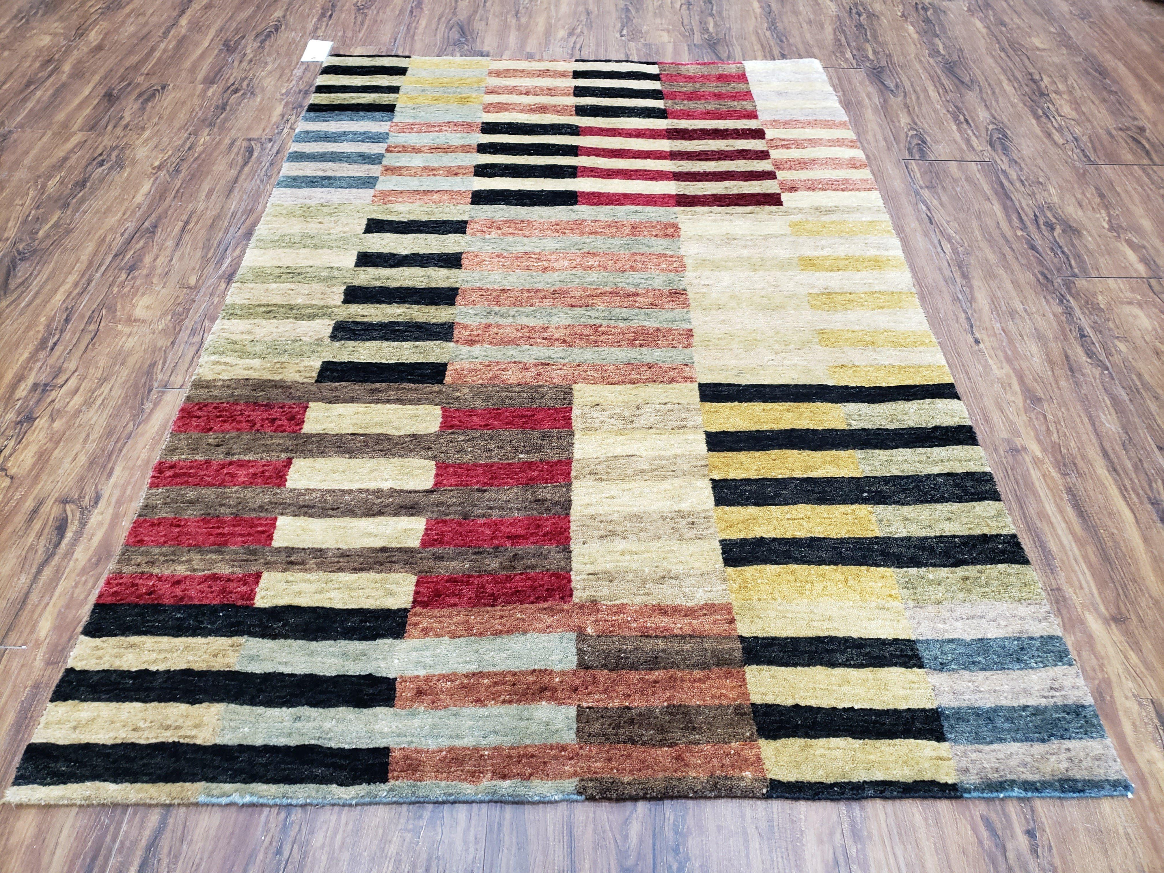 Modern Tibetan Rug 4' x 5' 9", Medium Sized Abstract Handmade Carpet, Hand-Knotted Soft Pile Wool Rug, Multicolor Contemporary Rug, Colorful - Jewel Rugs