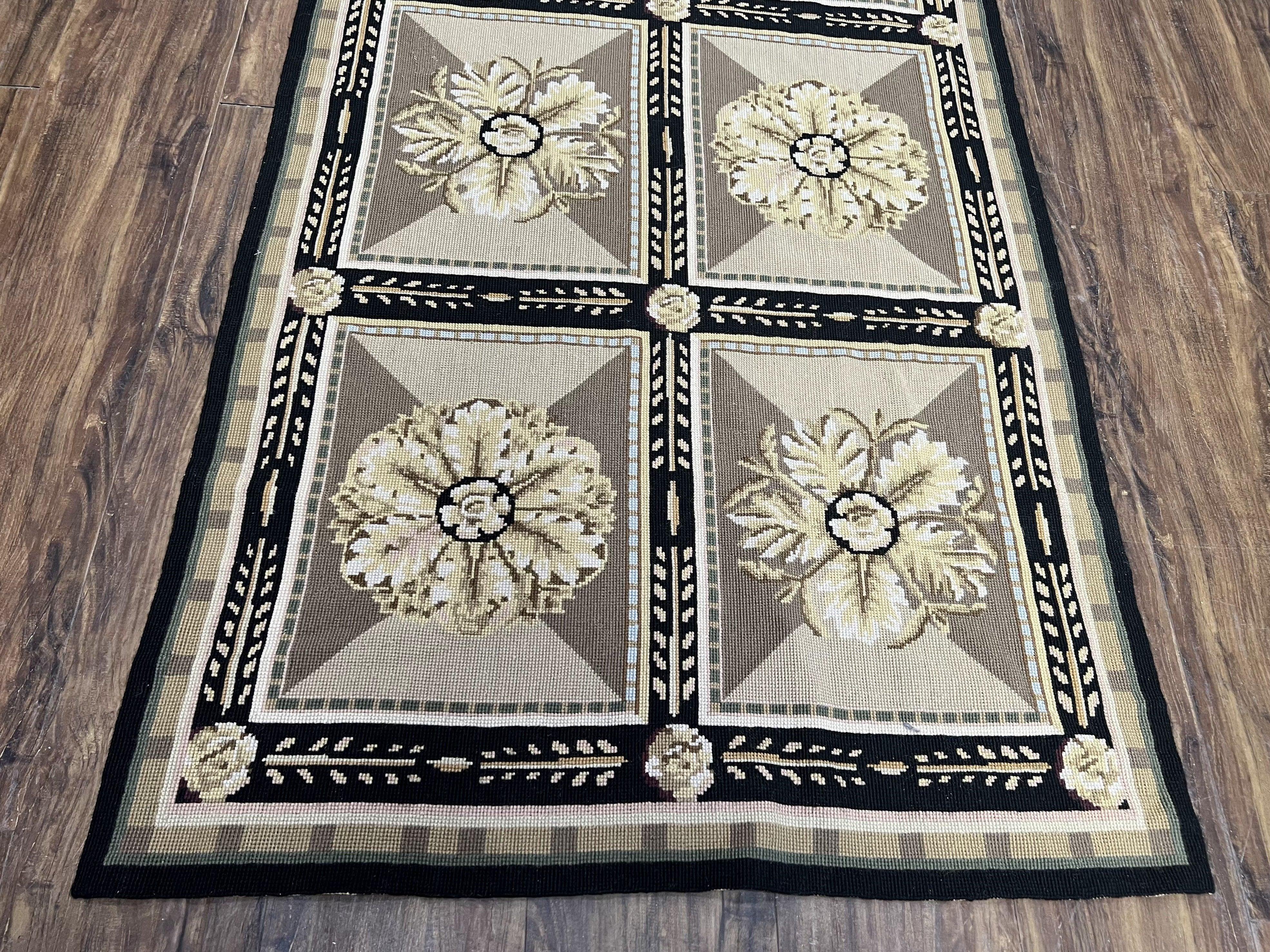 Needlepoint Runner Rug 3x11 English Floral Panel Design Rug, Flatweave Runner Rug, Chinese Runner Rug, Black Beige Wool Hand-Woven Vintage - Jewel Rugs