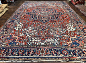Wonderful Persian Heriz Rug 11x16, Antique 1920s Heriz Carpet, Hand Knotted Wool Oversized Geometric Oriental Rug, Red Navy Blue Ivory, Wow