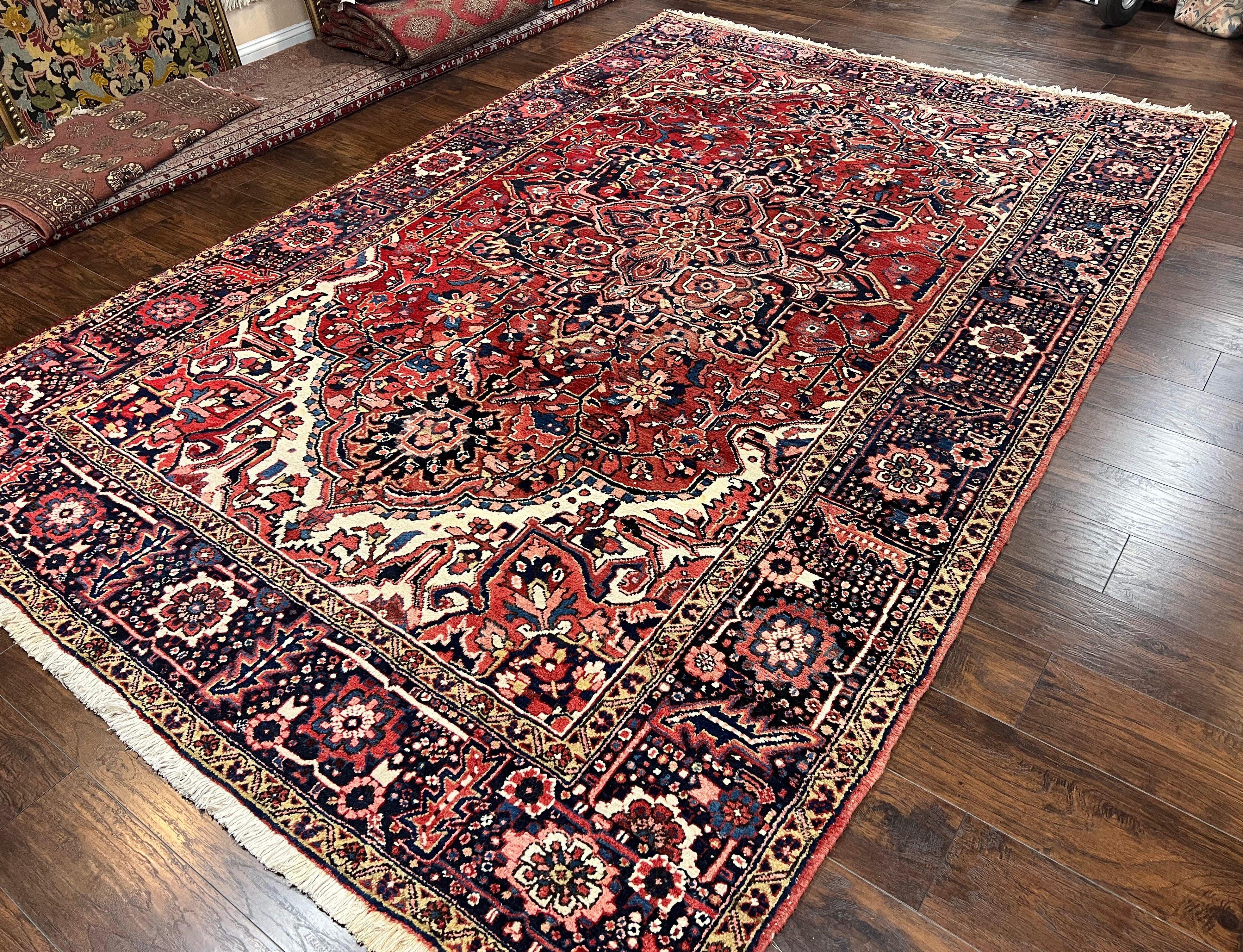 Persian Heriz Rug 8x12, Vintage Geometric Medallion Carpet, Semi Antique Wool Handmade Room Sized Oriental Rug 8 x 12, Red Dark Blue Ivory - Jewel Rugs