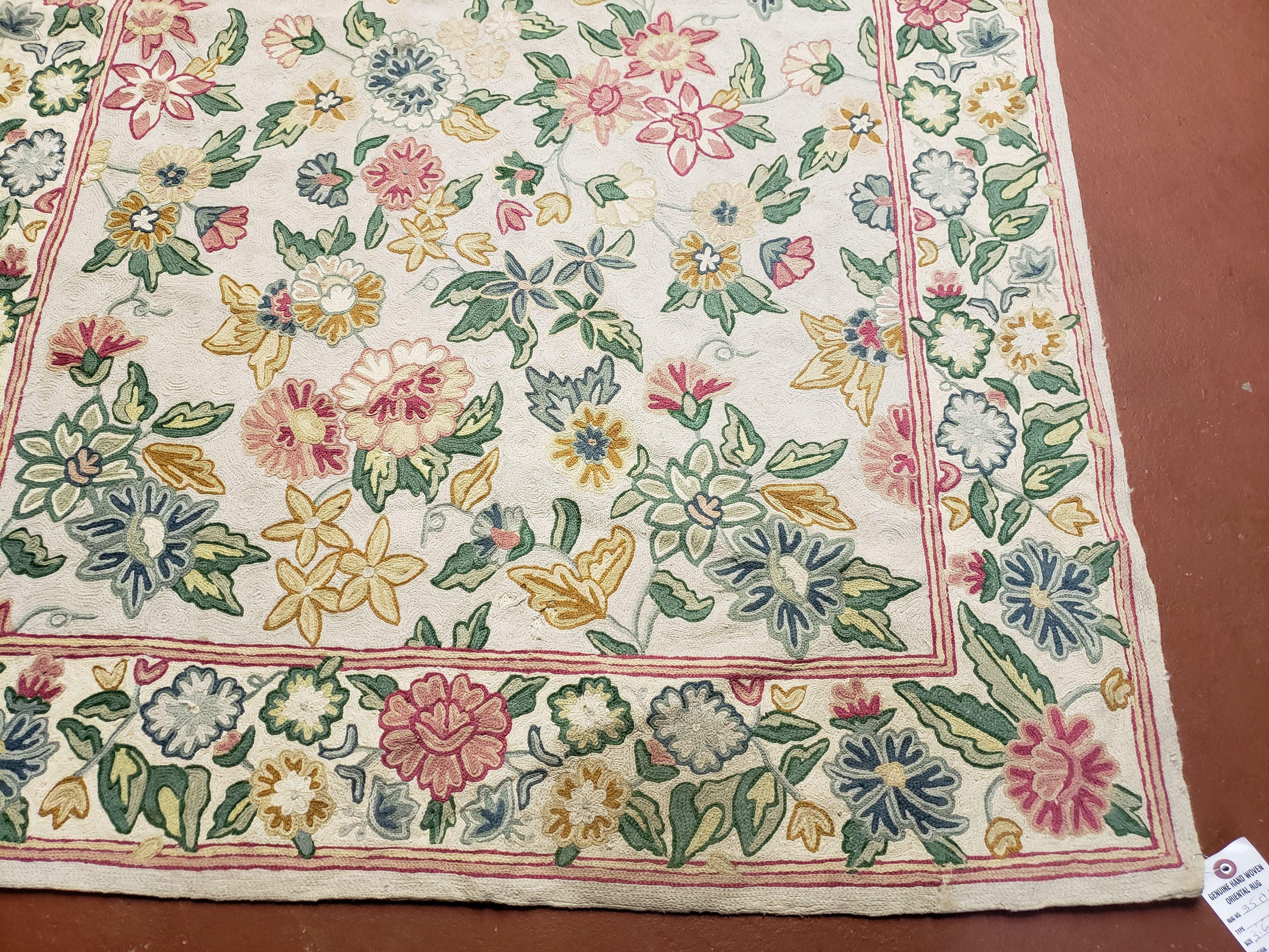 4x6 Chain Stitch Rug 3x5 Indian Rug Hand-Stitched Indo Rug 3' 6" x 5' 5" Floral Pattern Colorful Vintage Wool Pile Cotton Area Rug Flowers - Jewel Rugs