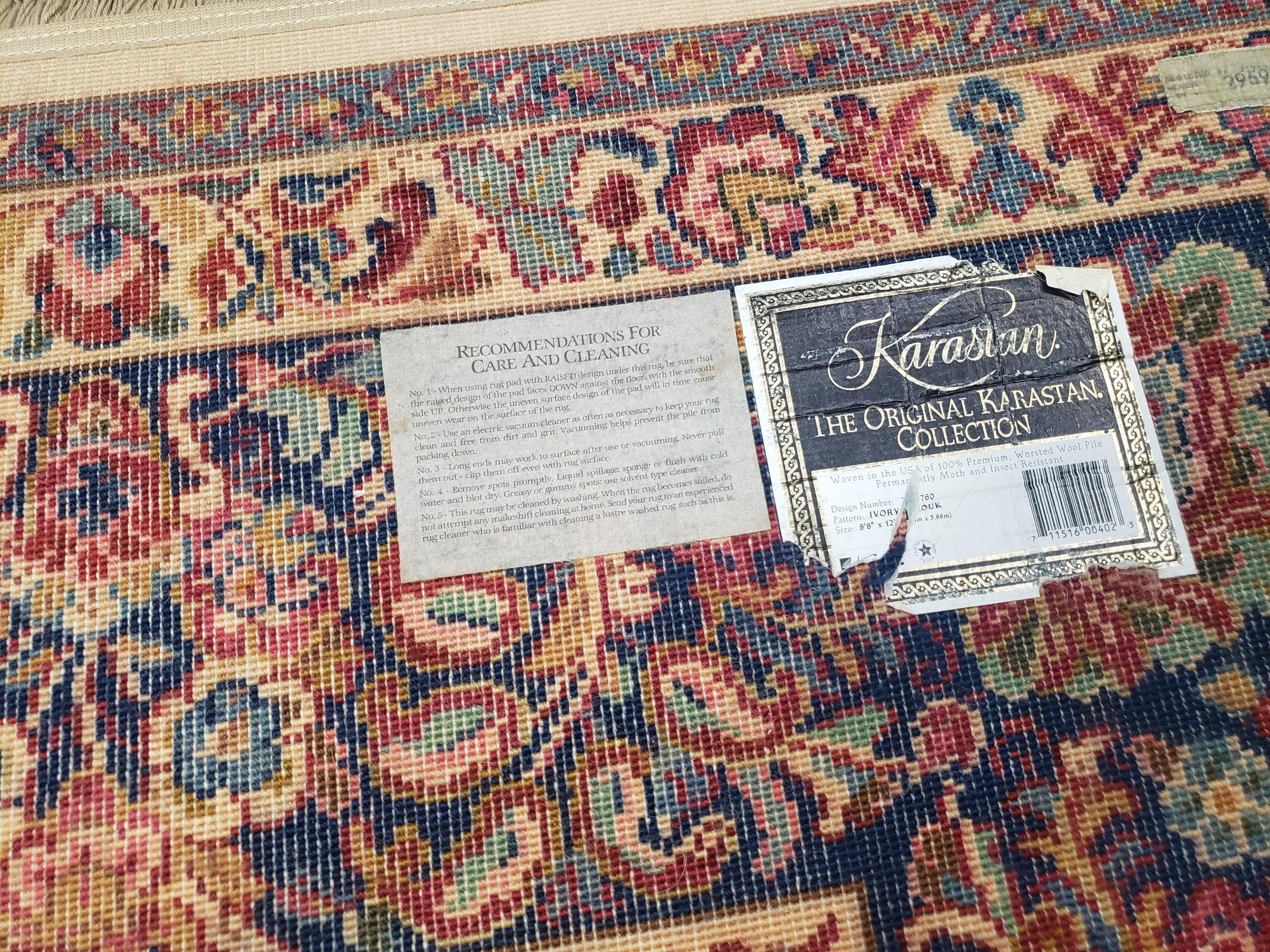 Karastan Rug 8'8" x 12', Ivory Sarouk #760, Original Karastan Carpet 700 Series, Wool Karastan Area Rug, USA Made, Large Karastan w/ Label - Jewel Rugs