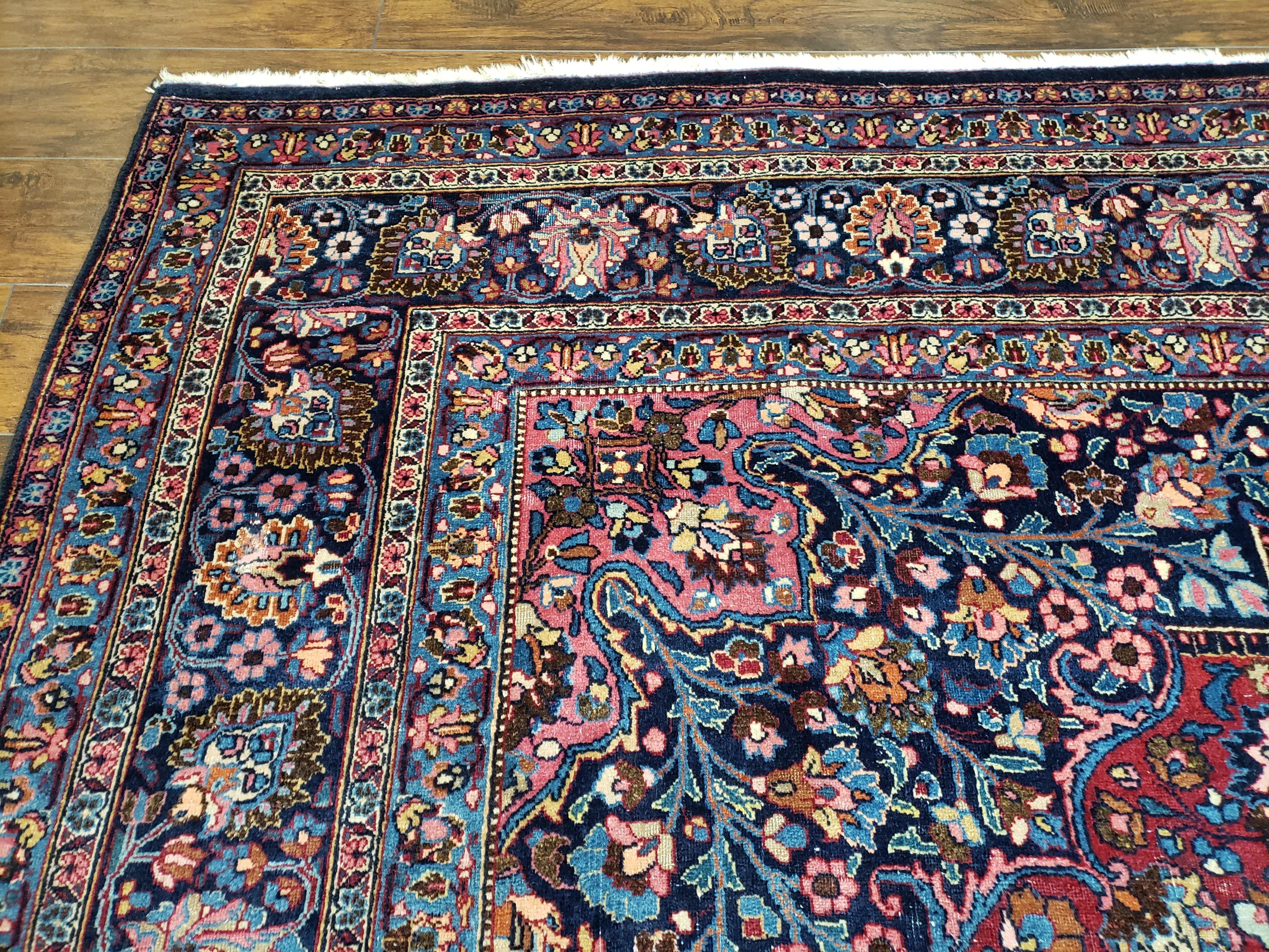 Antique Persian Mashad Rug, Palace Size, Hand-Knotted, Wool, Allover Floral with Medallion, Ruby Red and Dark Blue, 11' x 15' - Jewel Rugs