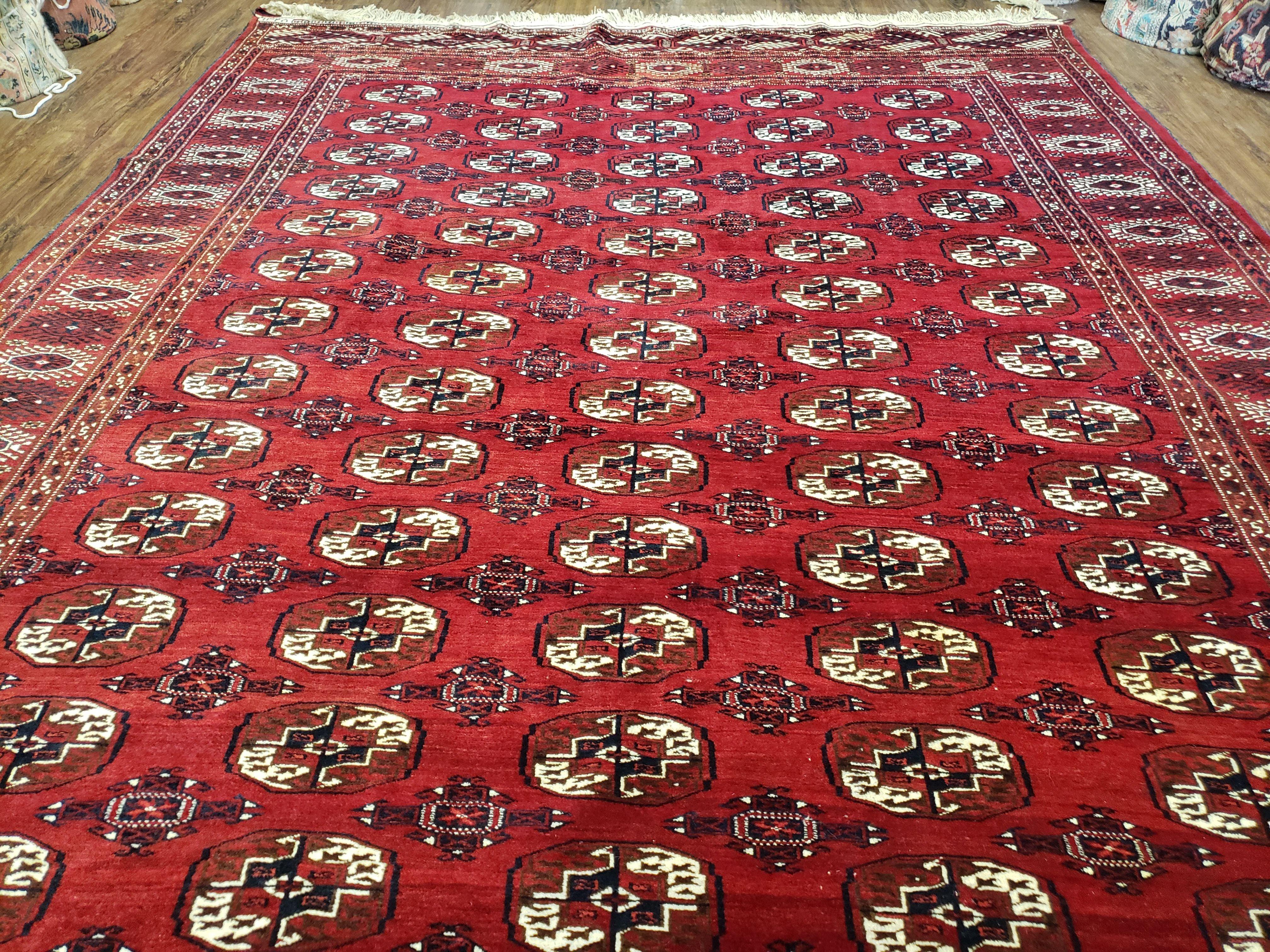 Persian Turkoman Rug 8 x 12.5, Bokhara Turkoman Carpet, Fine Oriental Rug, Vintage Wool Handmade Area Rug, Red Black Cream, Room Sized - Jewel Rugs