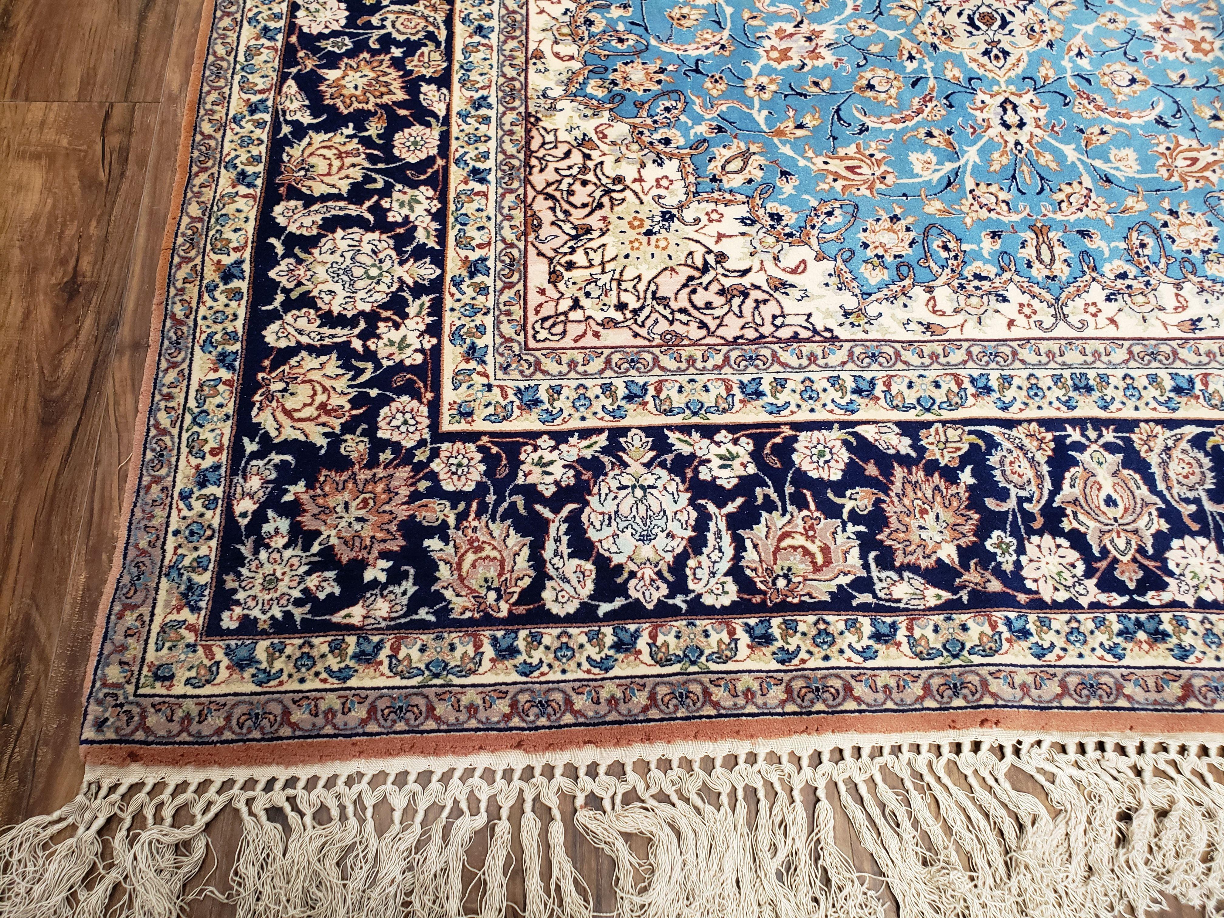 Semi Antique Persian Isfahan Rug, Kork Wool on Silk Foundation, Sky Blue, Hand-Knotted, 5' 1" x 7' 8" - Jewel Rugs