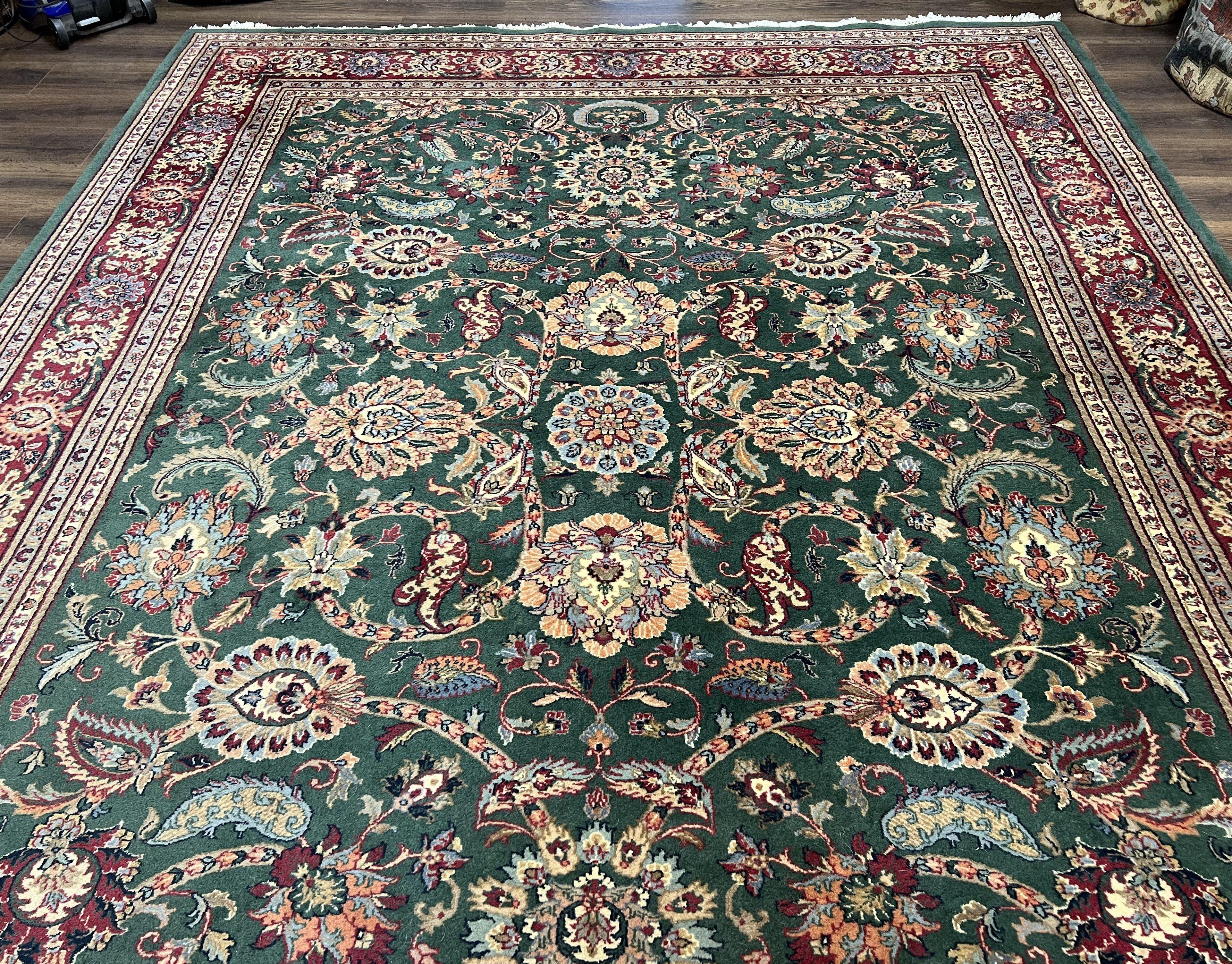 Indo Mahal Rug 9x12, Green and Red Hand Knotted Wool Oriental Carpet, Allover Floral Vintage Carpet, 9 x 12 Traditional Area Rug Handmade - Jewel Rugs