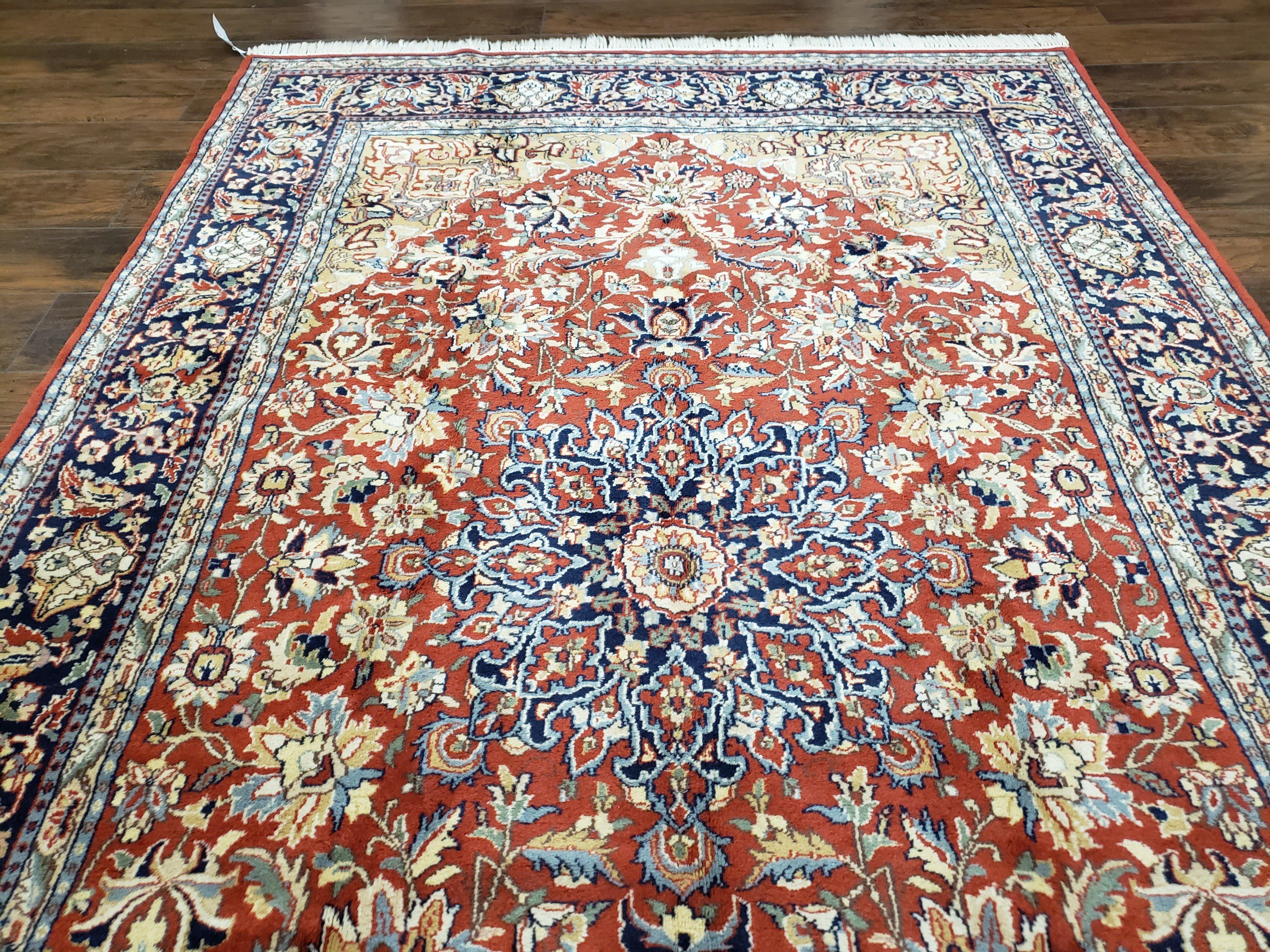 Vintage Indo Persian Oriental Rug 6 x 9.6, Wool Hand-Knotted Red Dark Blue & Gold Indian Carpet, 6 x 9 Office Room Rug, Floral Medallion - Jewel Rugs