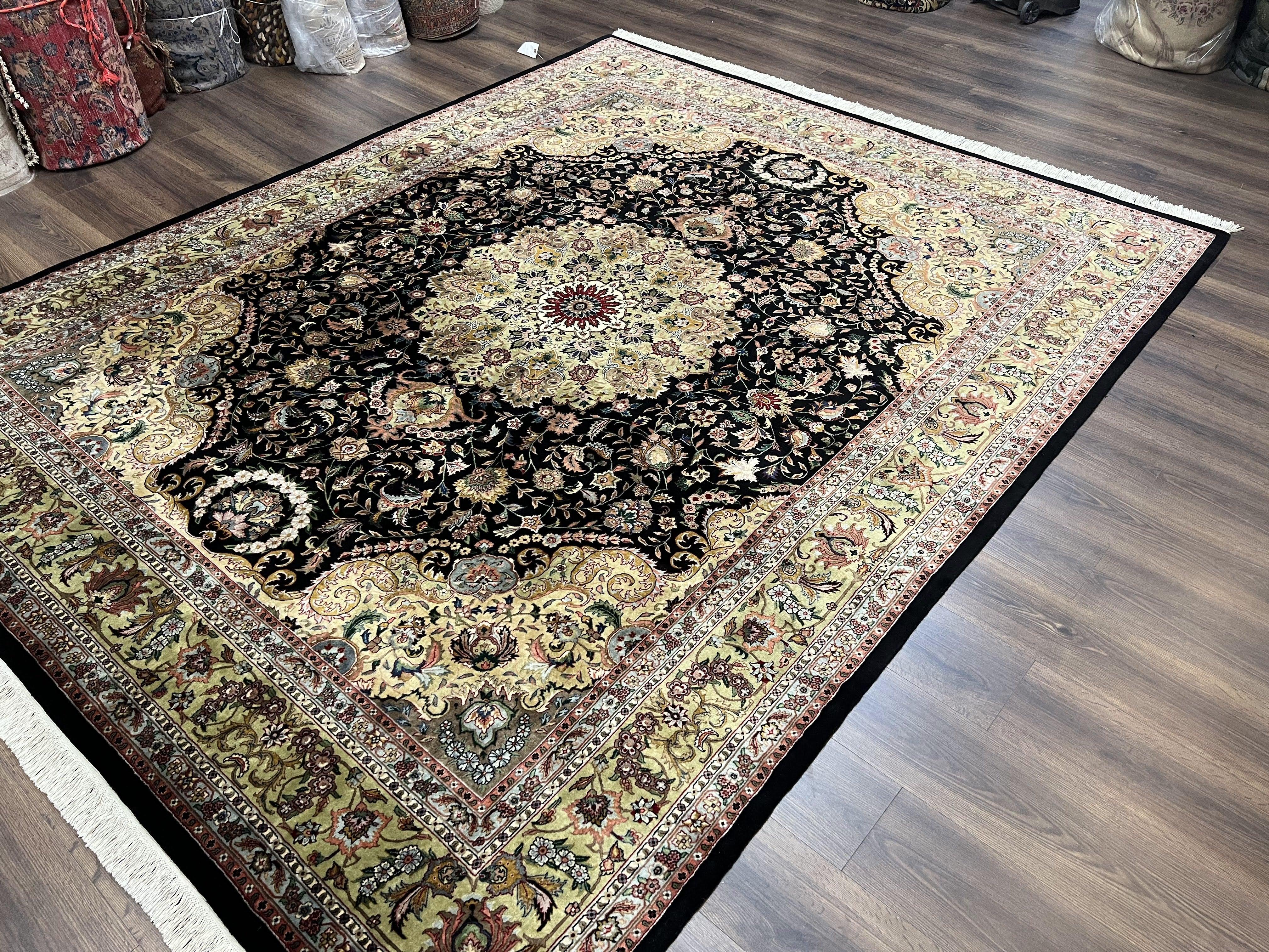 Stunning Sino Persian Rug 8x10, Elegant High Quality Handmade Wool Vintage Oriental Carpet, Medallion with Corner Design, Floral, Black Tan - Jewel Rugs