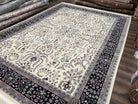 Large Indo Persian Kirman Rug 10x14, Indian Oriental Carpet, Hand Knotted Wool Floral Allover Rug 10 x 14 ft, Ivory Dark Blue, Traditional - Jewel Rugs