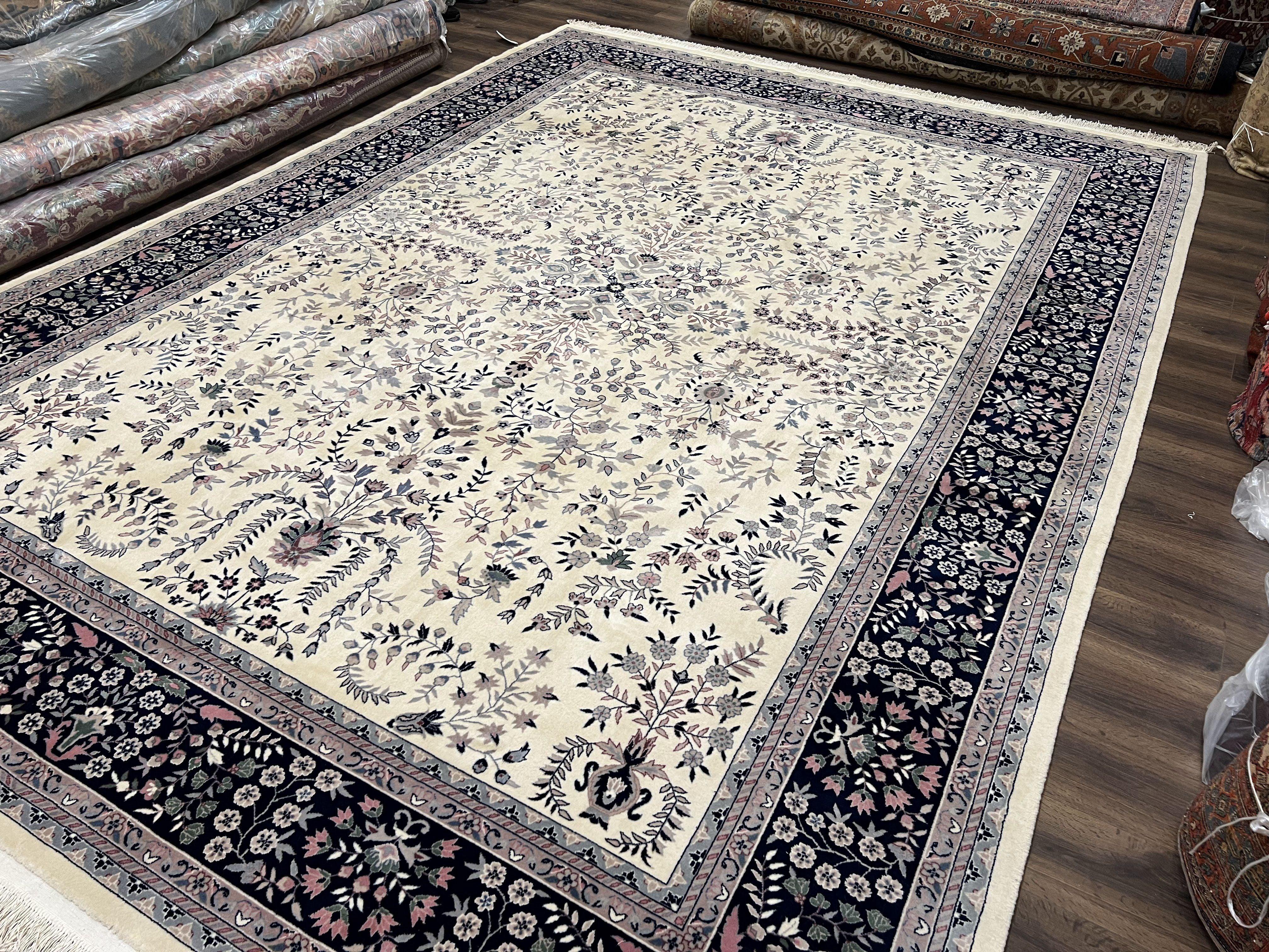 Large Indo Persian Kirman Rug 10x14, Indian Oriental Carpet, Hand Knotted Wool Floral Allover Rug 10 x 14 ft, Ivory Dark Blue, Traditional - Jewel Rugs