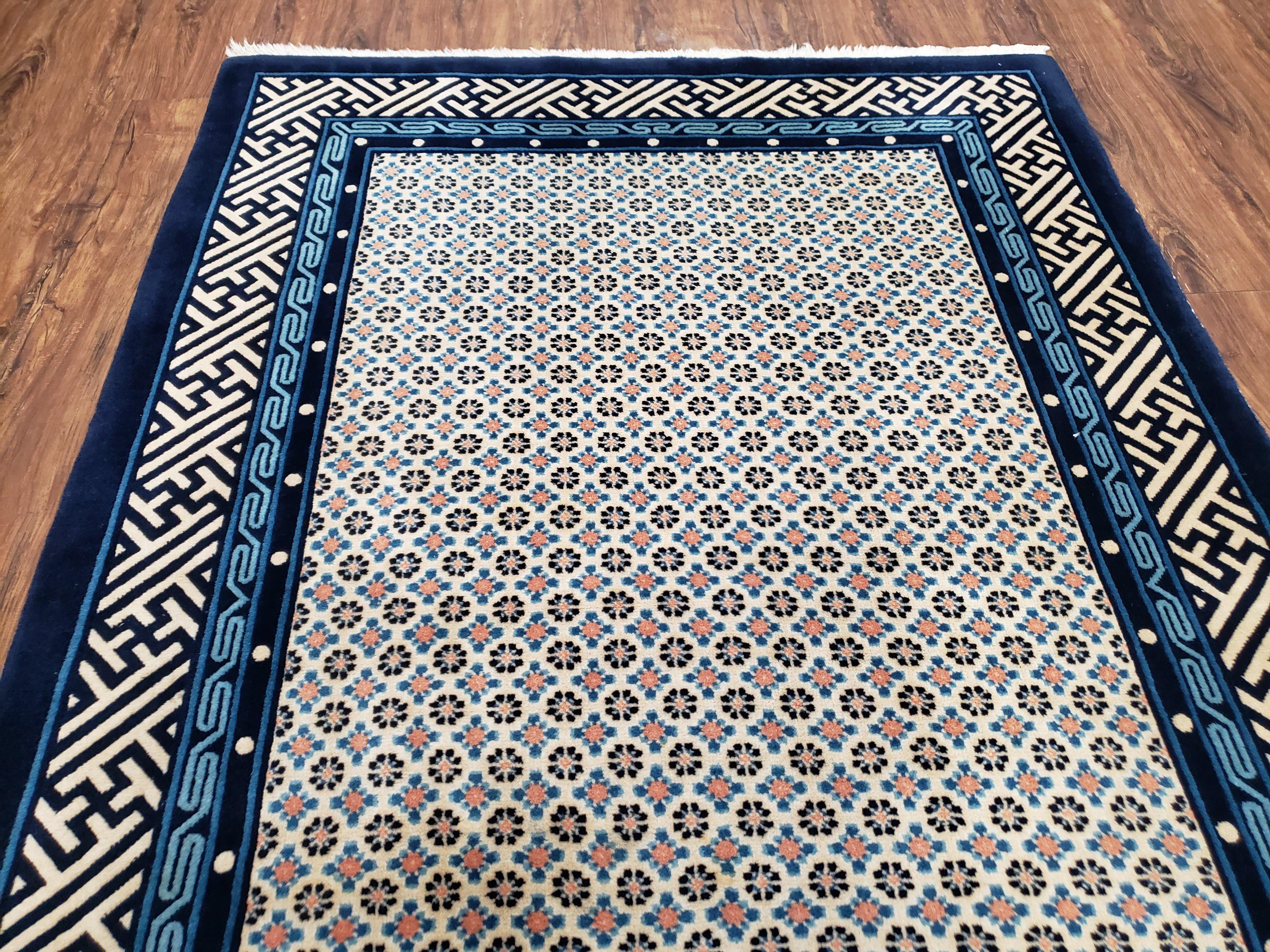 Vintage Chinese Peking Area Rug 4x6, Wool Hand-Knotte, Dark Blue Ivory Chinese Art Deco Carpet, 4 x 6 Foyer Room Asian Oriental Rug, 6x4 Rug - Jewel Rugs