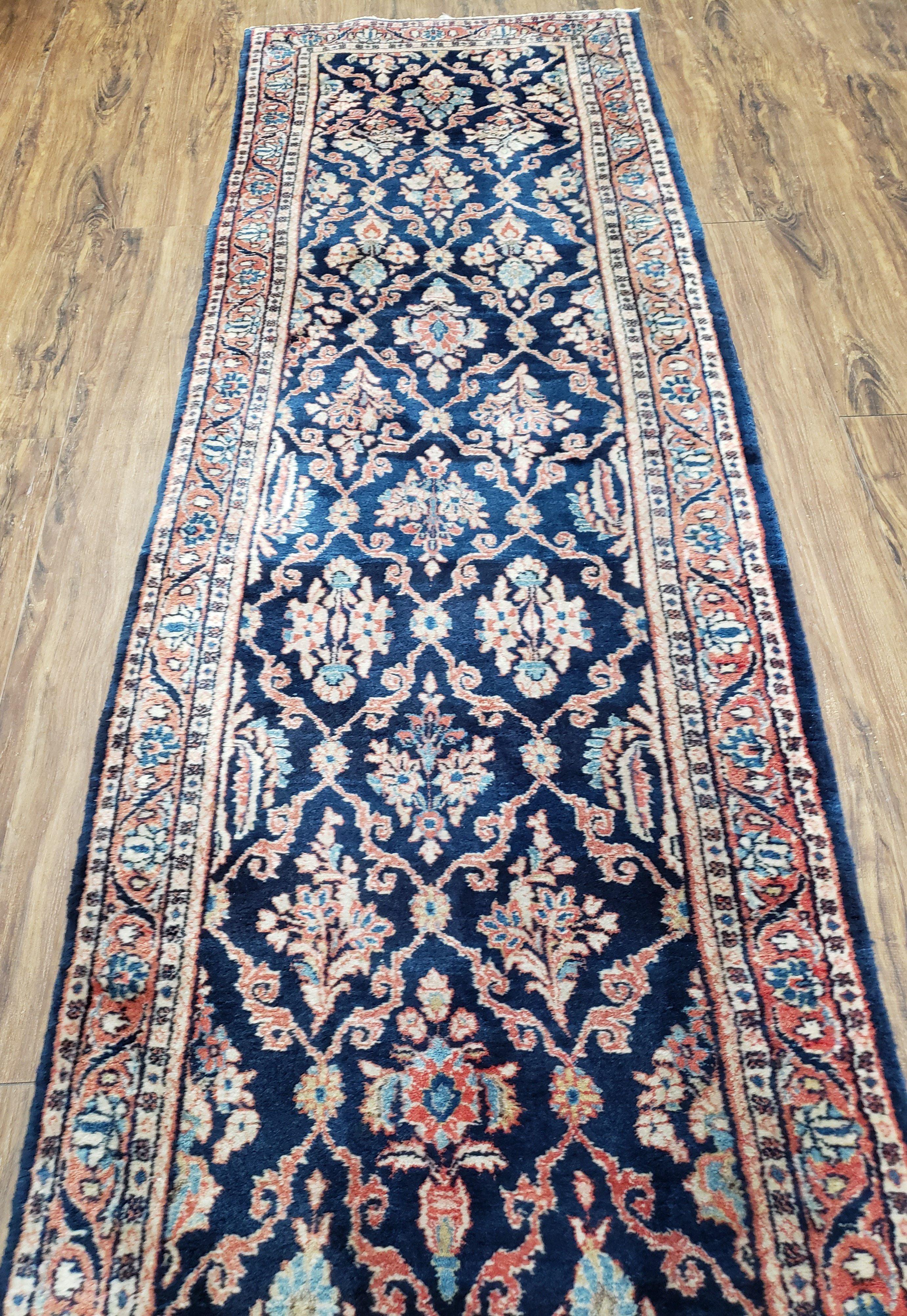 Antique Dark Blue Persian Sarouk Runner, Hand-knotted, Wool, 2'4" x 9' 3" - Jewel Rugs