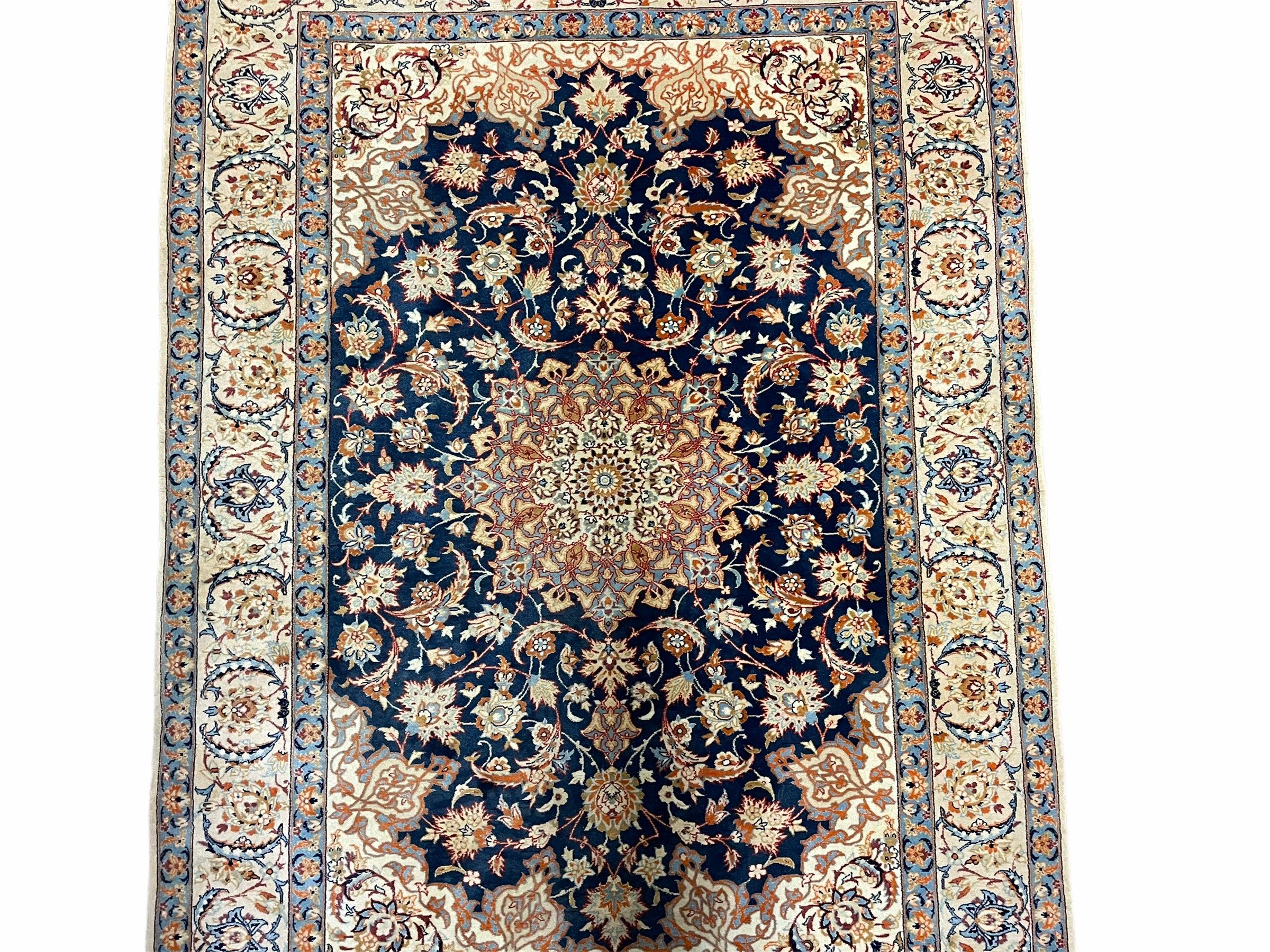Persian Isfahan Rug 4x5, Navy Blue & Ivory, Wool and Silk Highlights - Jewel Rugs