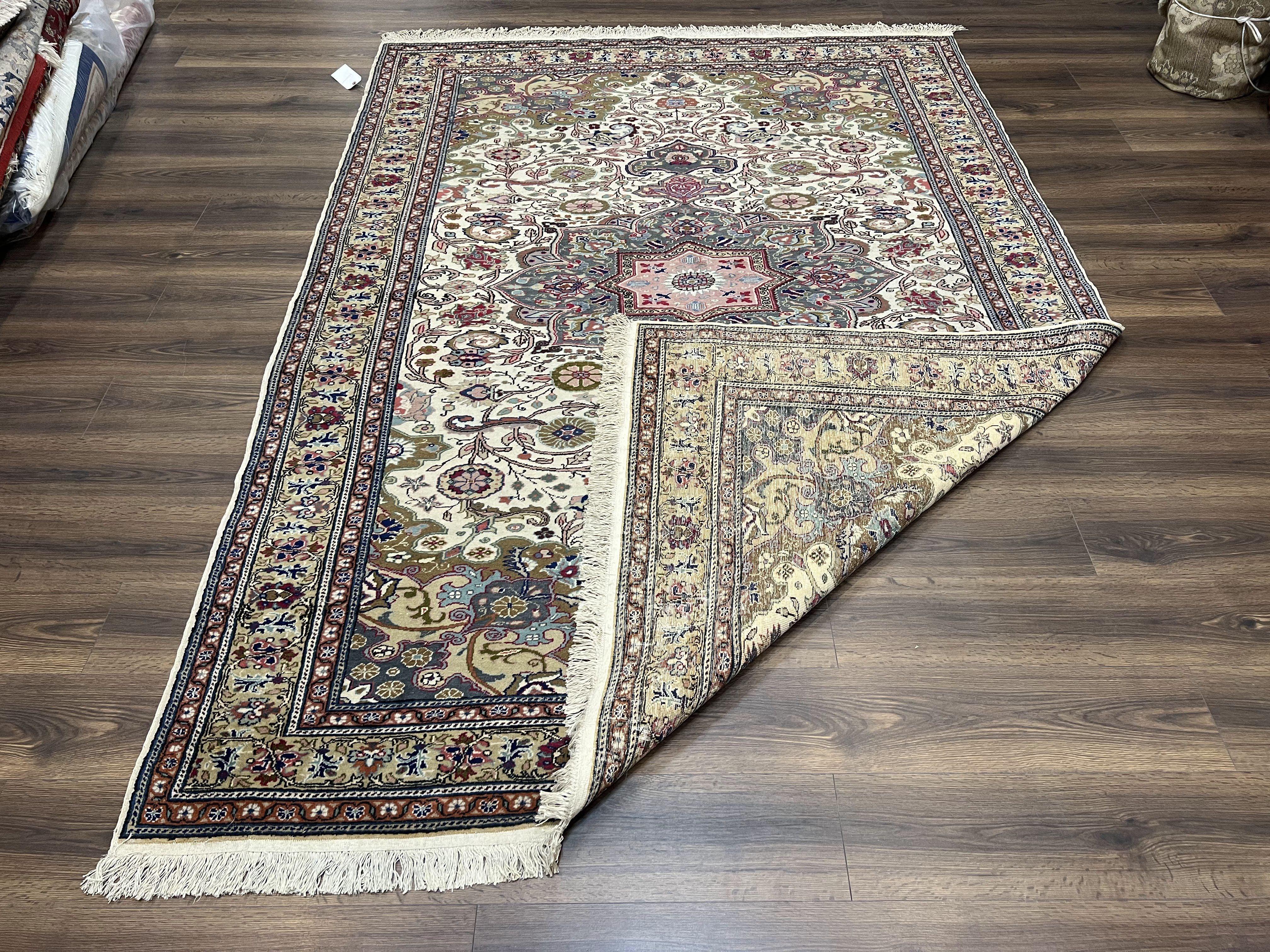 Turkish Sivas Rug 7x9, Vintage Wool Hand-Knotted Carpet, Ivory Cream Purple Tan, Floral Medallion Rug, Fine Oriental Carpet, Medium Size Rug - Jewel Rugs