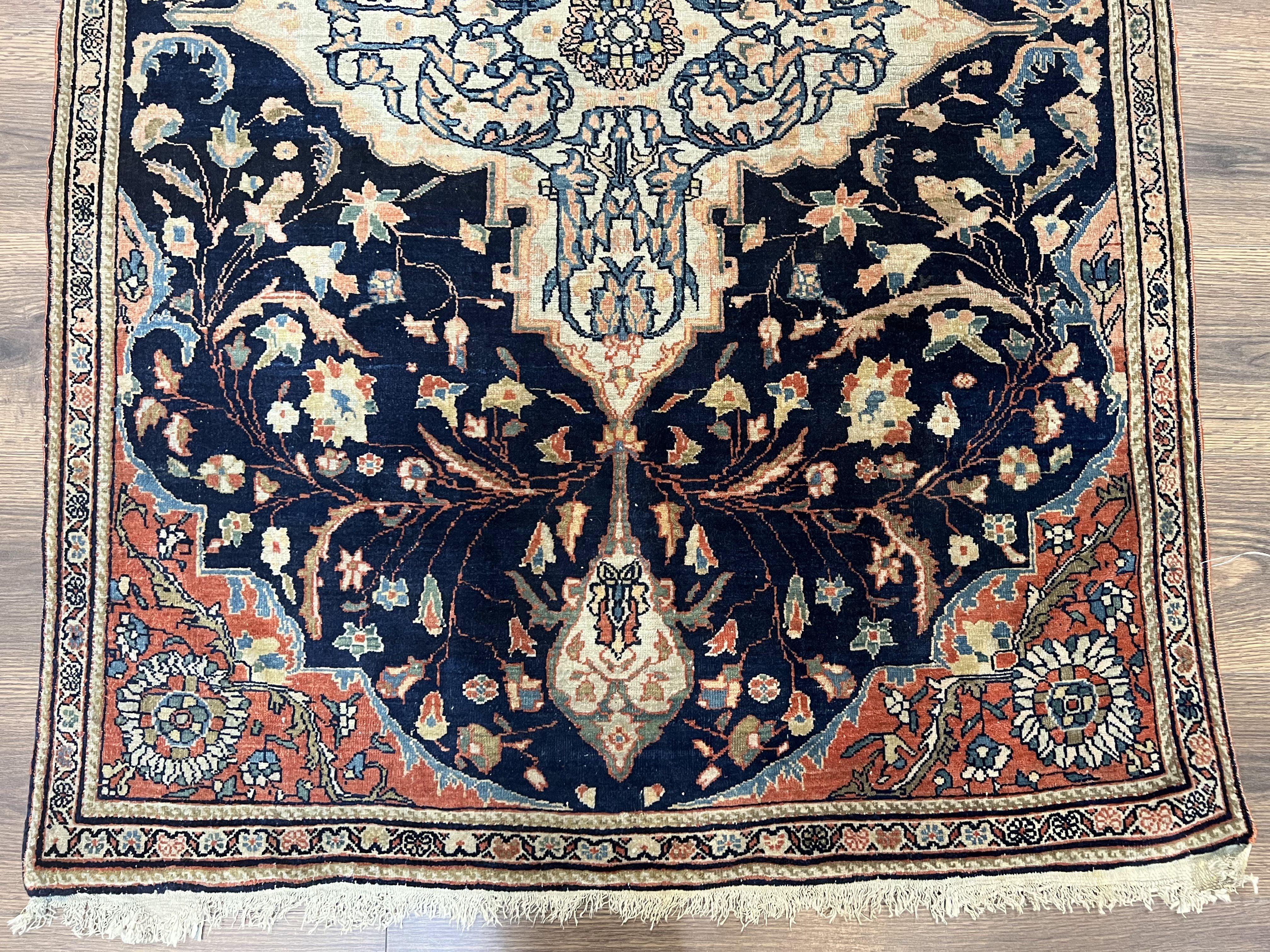 Antique Persian Rug 3.5 x 5, Sarouk Farahan Rug, High Quality 1920s Fine Oriental Carpet 3 x 5 ft, Large Medallion, Floral, Navy Blue Red, Hand Knotted Wool Rug - Jewel Rugs