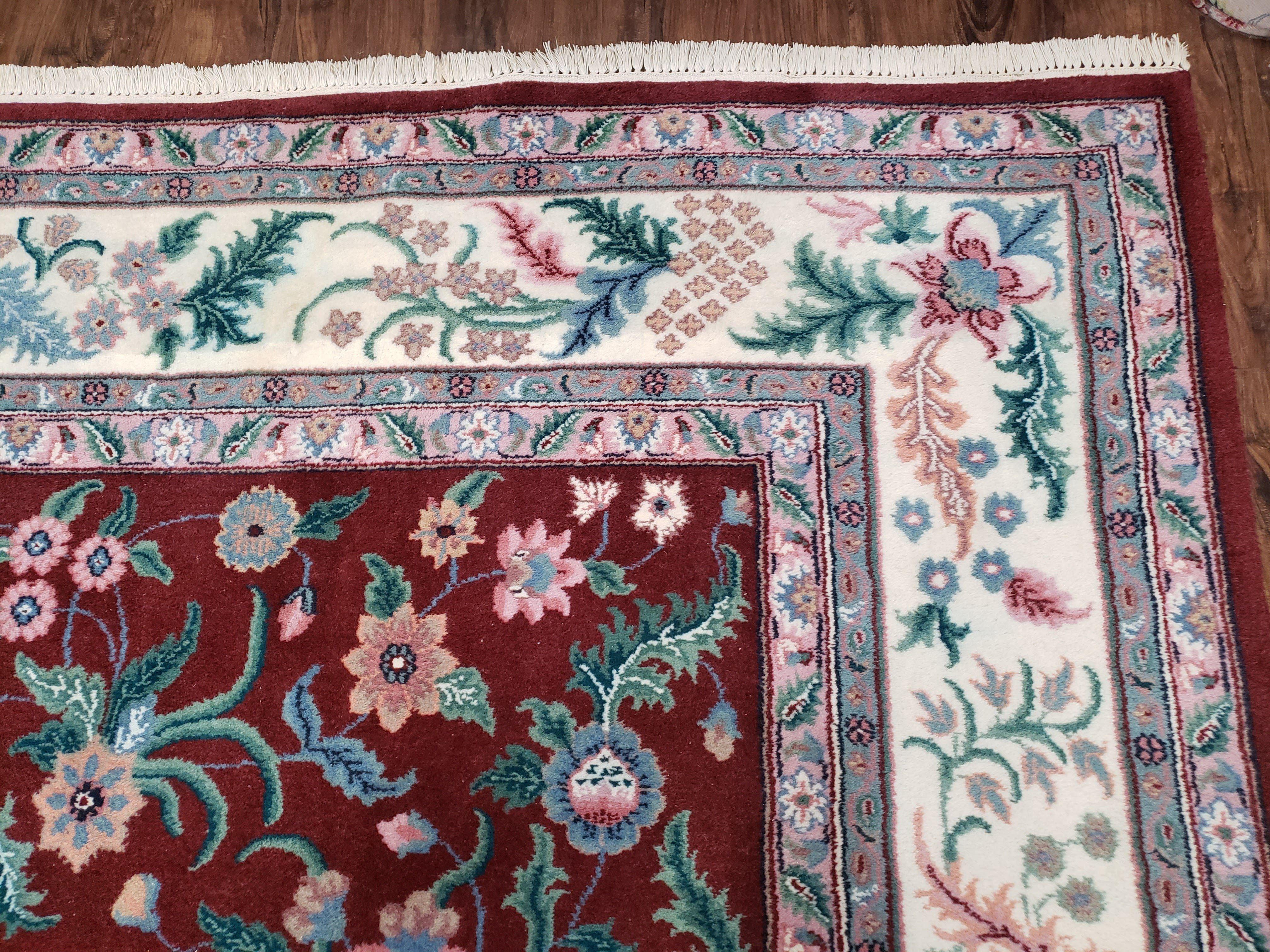 Indo Persian Rug 7.9 x 9.9 ft, Room Sized Indian Carpet, Wool Handmade Vintage Rug, Allover Floral Rug, Traditional Rug, Red Ivory Blue 8x10 - Jewel Rugs