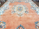 Vintage Chinese Aubusson Area Rug, Light Salmon Beige & Blue, Flowers, Plush Pile, Hand-Knotted, Chinese Art Deco Carpet, 8'3" x 11' 4" - Jewel Rugs