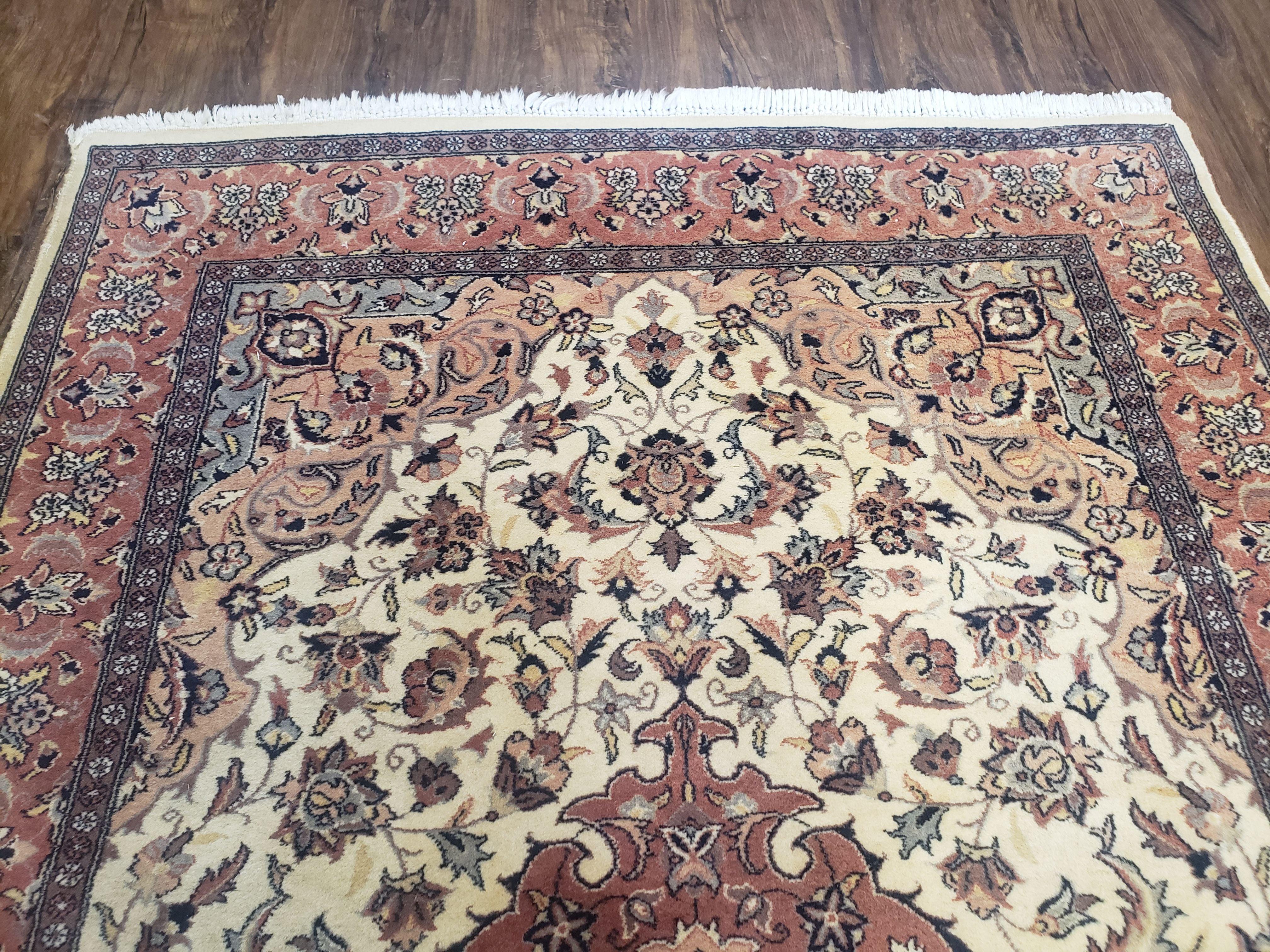 4x6 Handmade Top Quality Pakistani Floral Wool Rug Veg Dyes Carpet Beige Salmon - Jewel Rugs