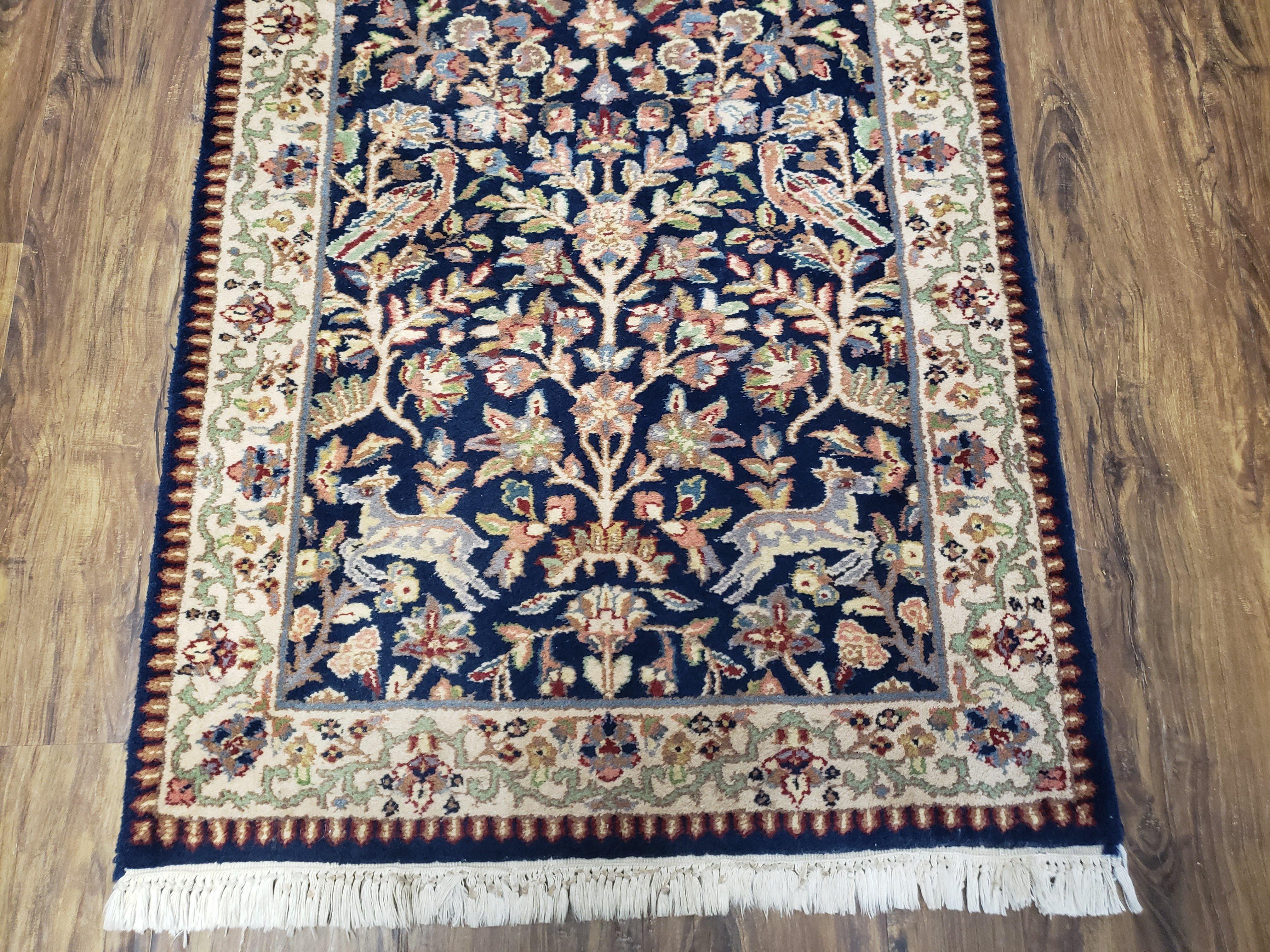 3x12 Indo Persian Runner Rug, Vintage Tree of Life Floral Rug, Wool Handmade Indian Carpet, Kitchen Rug, Hallway Carpet, Deer Birds, Blue - Jewel Rugs