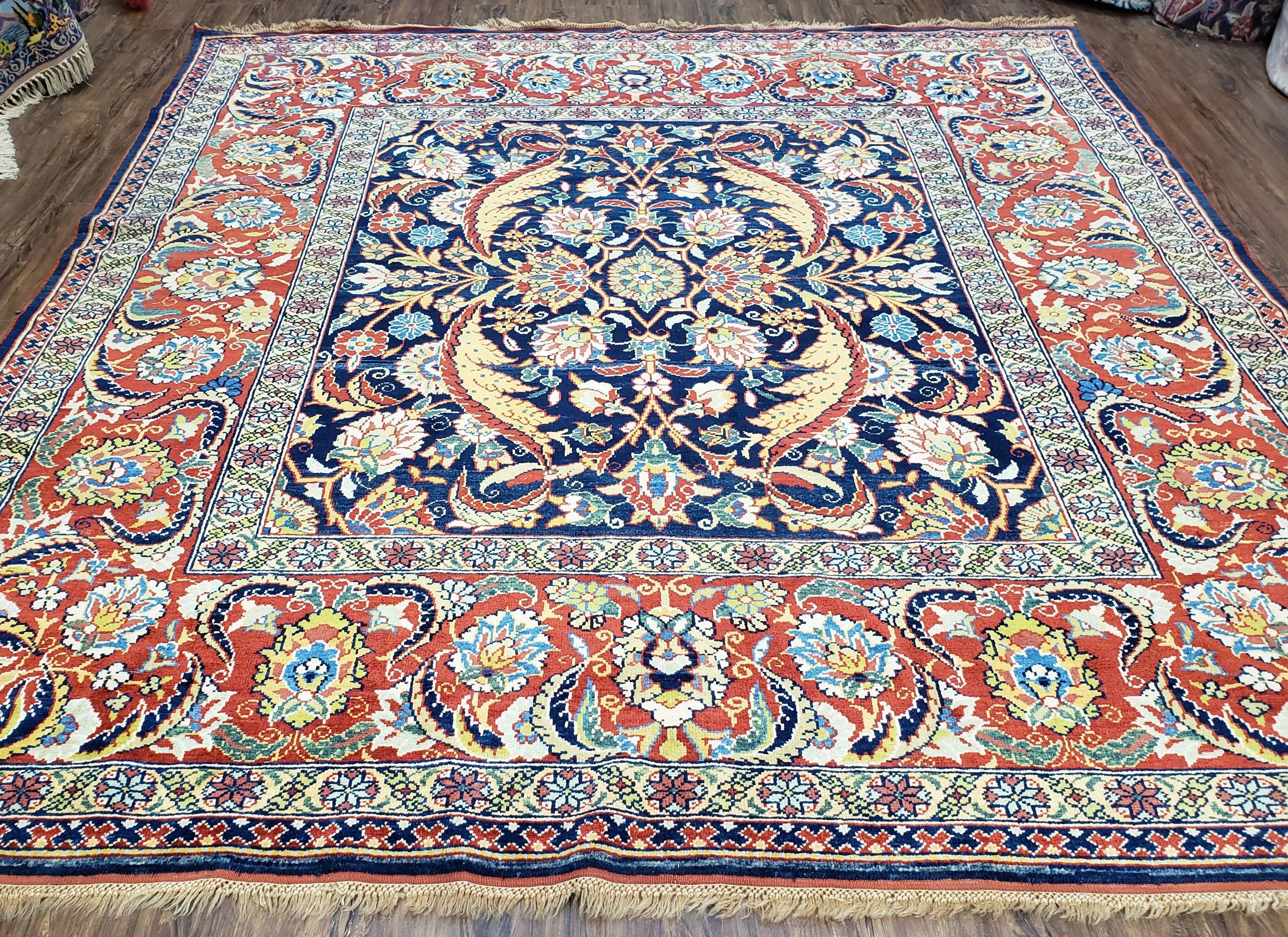 Square Turkish Mahal Rug 8 x 8.5, Colorful Square Carpet, Large 8ft Square Rug, Blue Red Yellow, Handmade Wool, Vintage, Large Flowers, Nice - Jewel Rugs