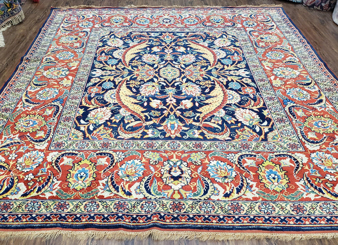 Square Turkish Mahal Rug 8 x 8.5, Colorful Square Carpet, Large 8ft Square Rug, Blue Red Yellow, Handmade Wool, Vintage, Large Flowers, Nice - Jewel Rugs