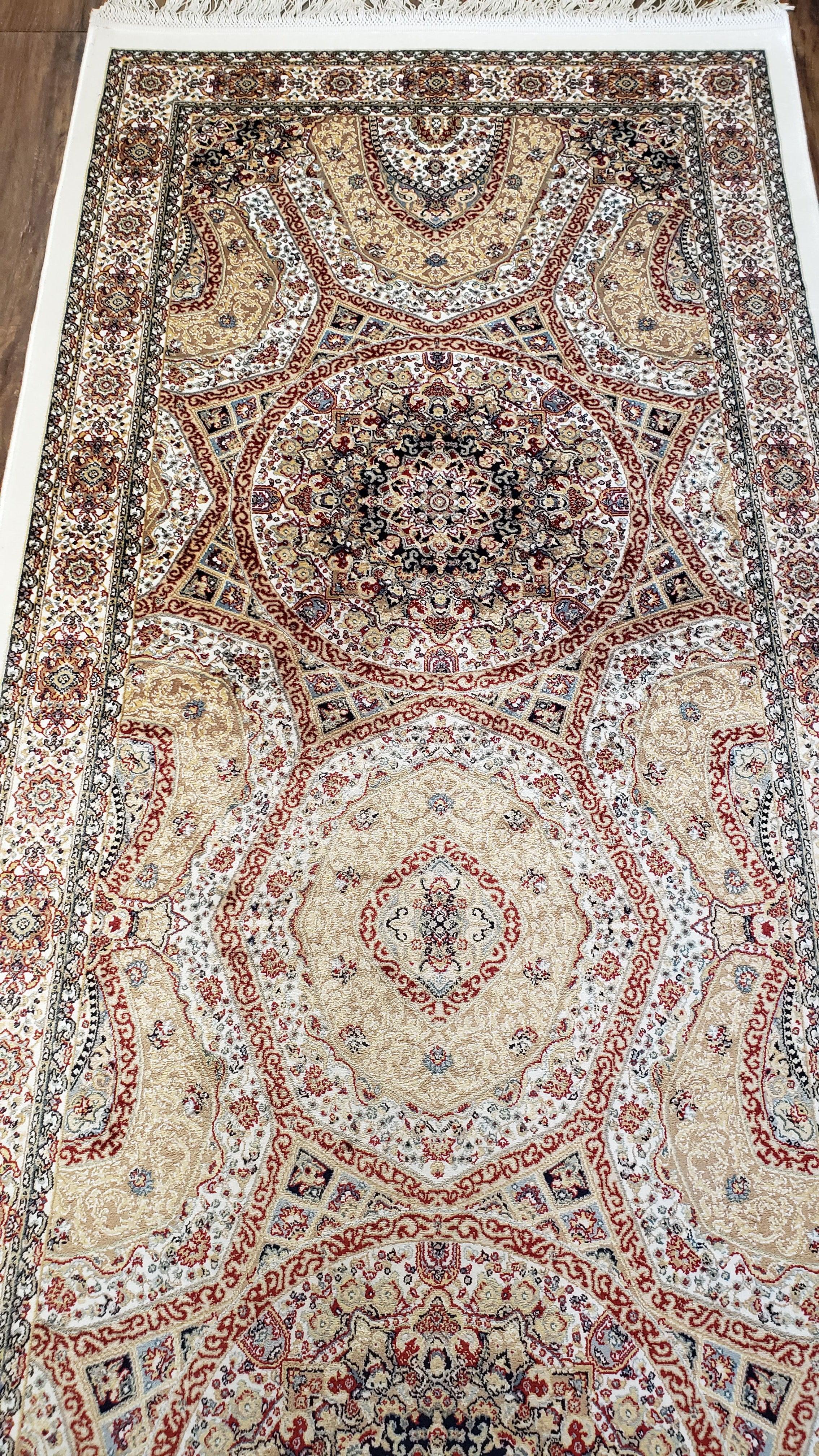 New Turkish Silk Runner Rug, Silk Carpet, Bamboo Silk, Persian Design, Fine, Dark Beige, Cream, Ivory, Central Dome Medallions 2' 8" x 6' 7" - Jewel Rugs