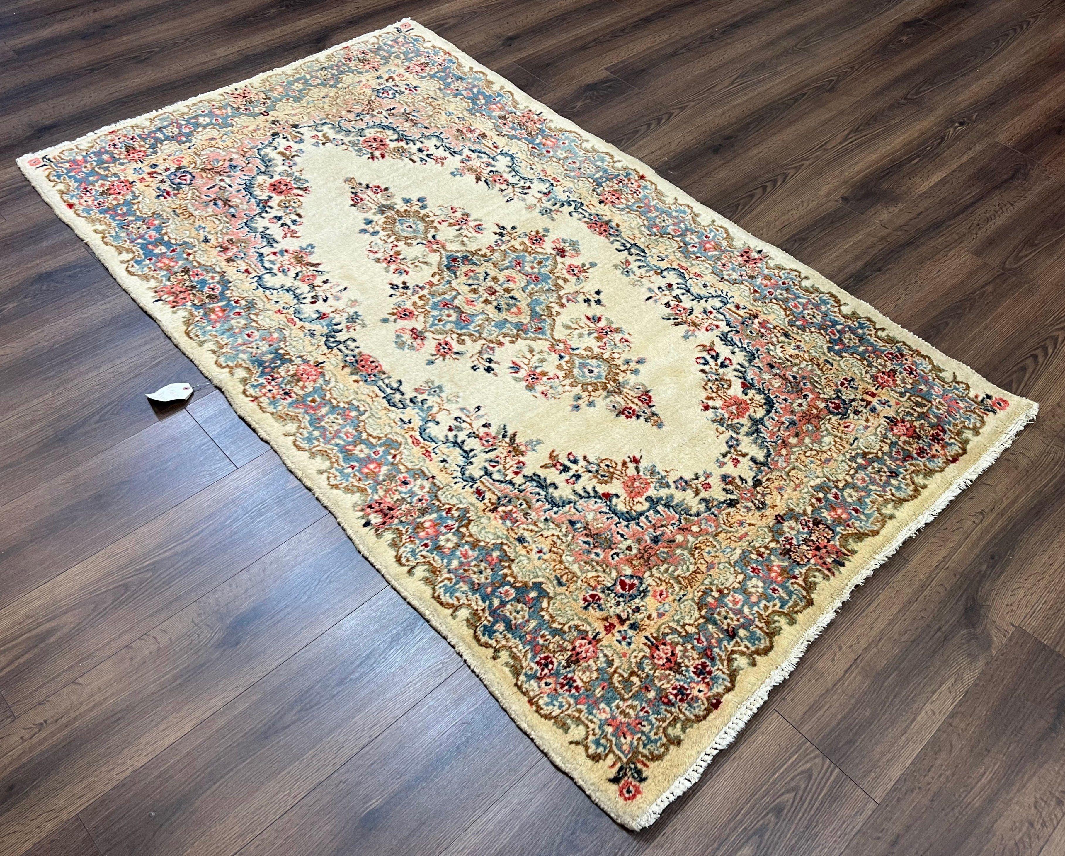 Persian Kirman Rug 4x7, Semi Antique 1950s Wool Oriental Carpet, Cream Light Blue Salmon Pink, Floral Medallion Semi Open Field Hand Knotted - Jewel Rugs