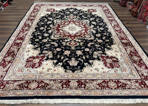 Pak Persian Rug 8.8 x 10.6, Floral Medallion, Wool and Silk Hand Knotted Fine Oriental Carpet, Elegant Rug, Black Gray Burgundy, Room Sized - Jewel Rugs