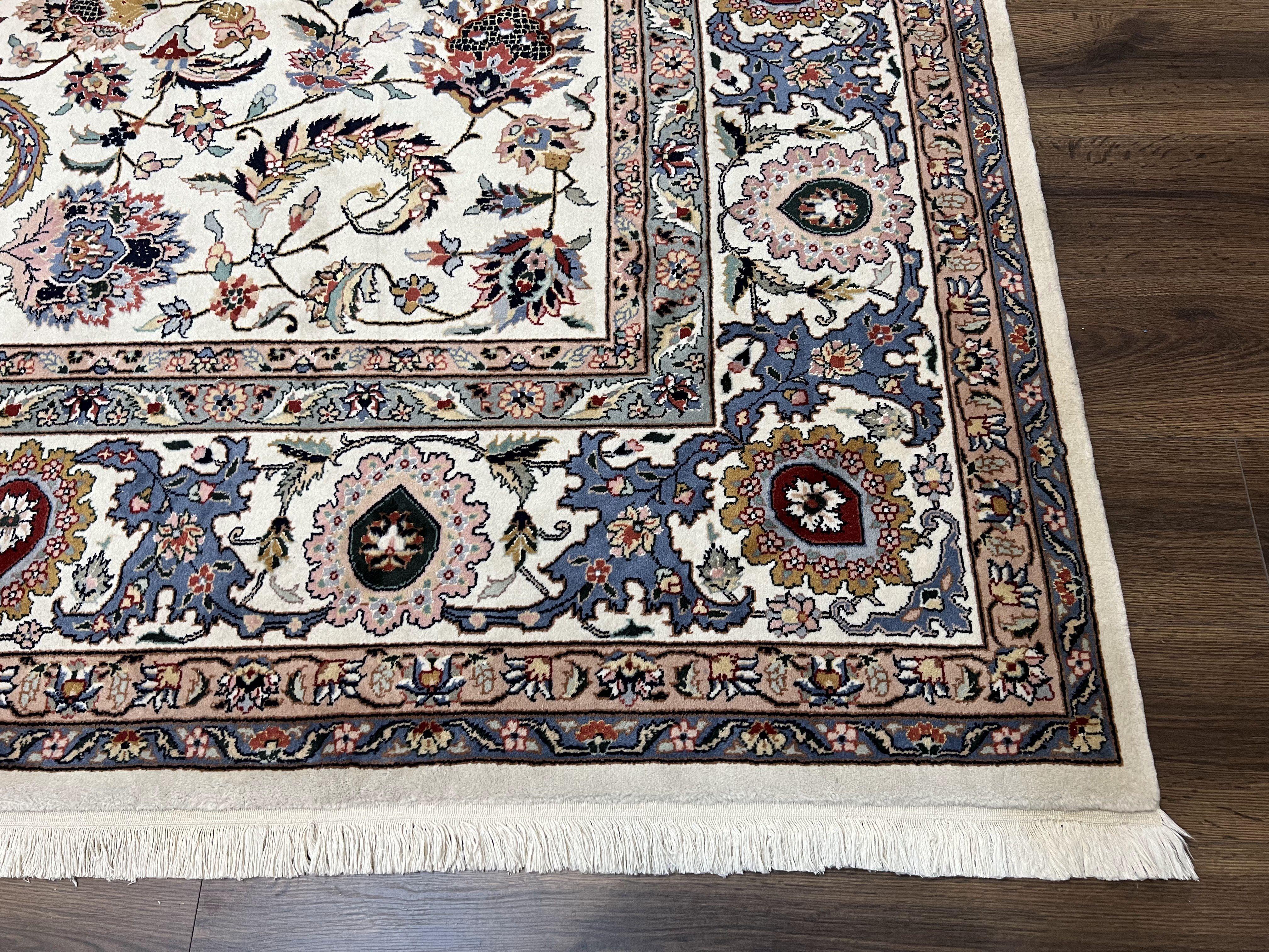 Large Indo Persian Rug 10x14, Hand Knotted Wool Area Rug 10 x 14, Vintage Oriental Carpet, Allover Floral, Indian Mahal, Ivory and Teal Rug - Jewel Rugs