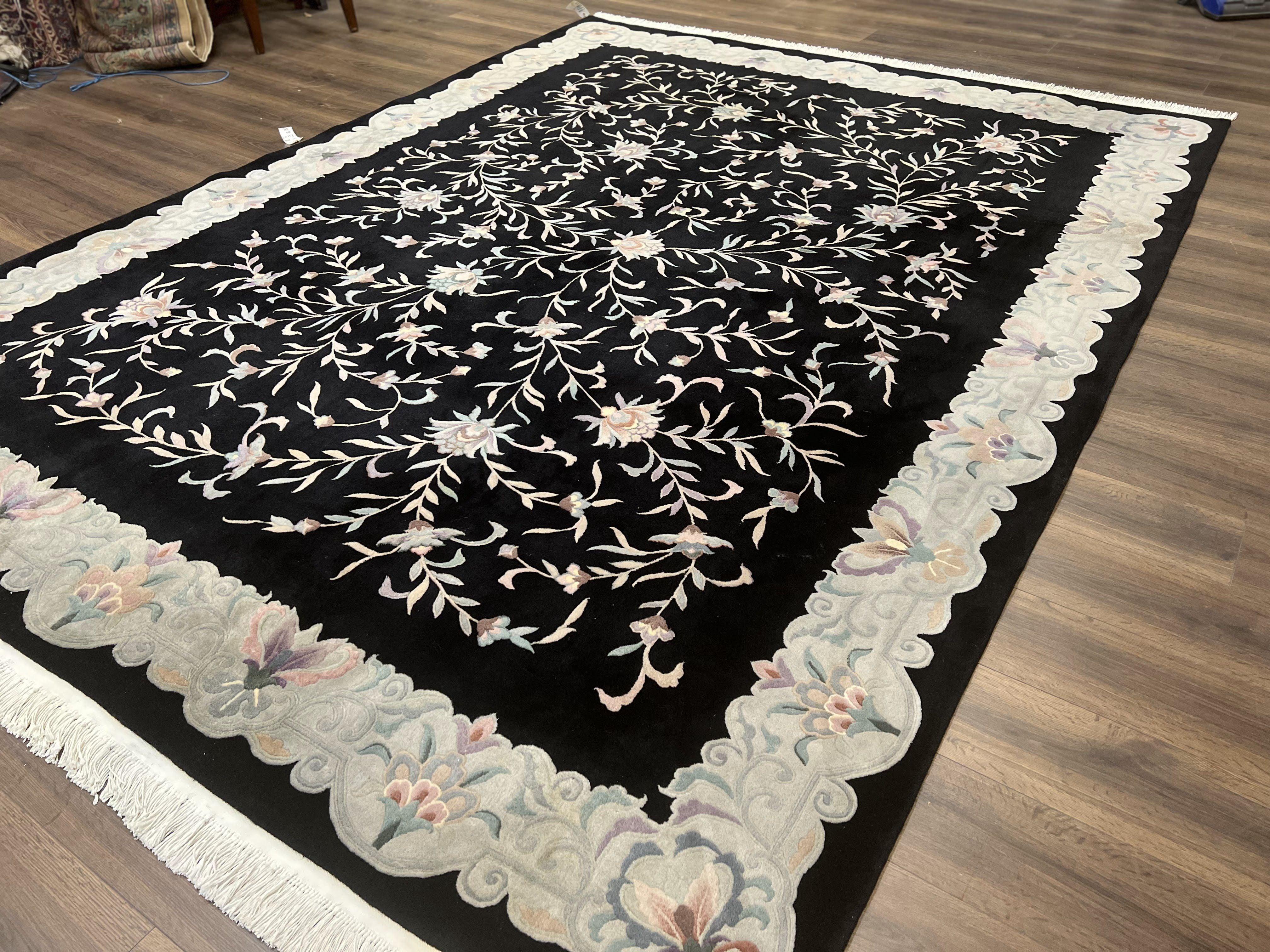 Chinese Wool Rug 9x11, Black Chinese 90 Line Carpet, Allover Floral Chinese Rug, Soft Plush Rug, Black Gray Teal Rug, Vintage Chinese Rug - Jewel Rugs