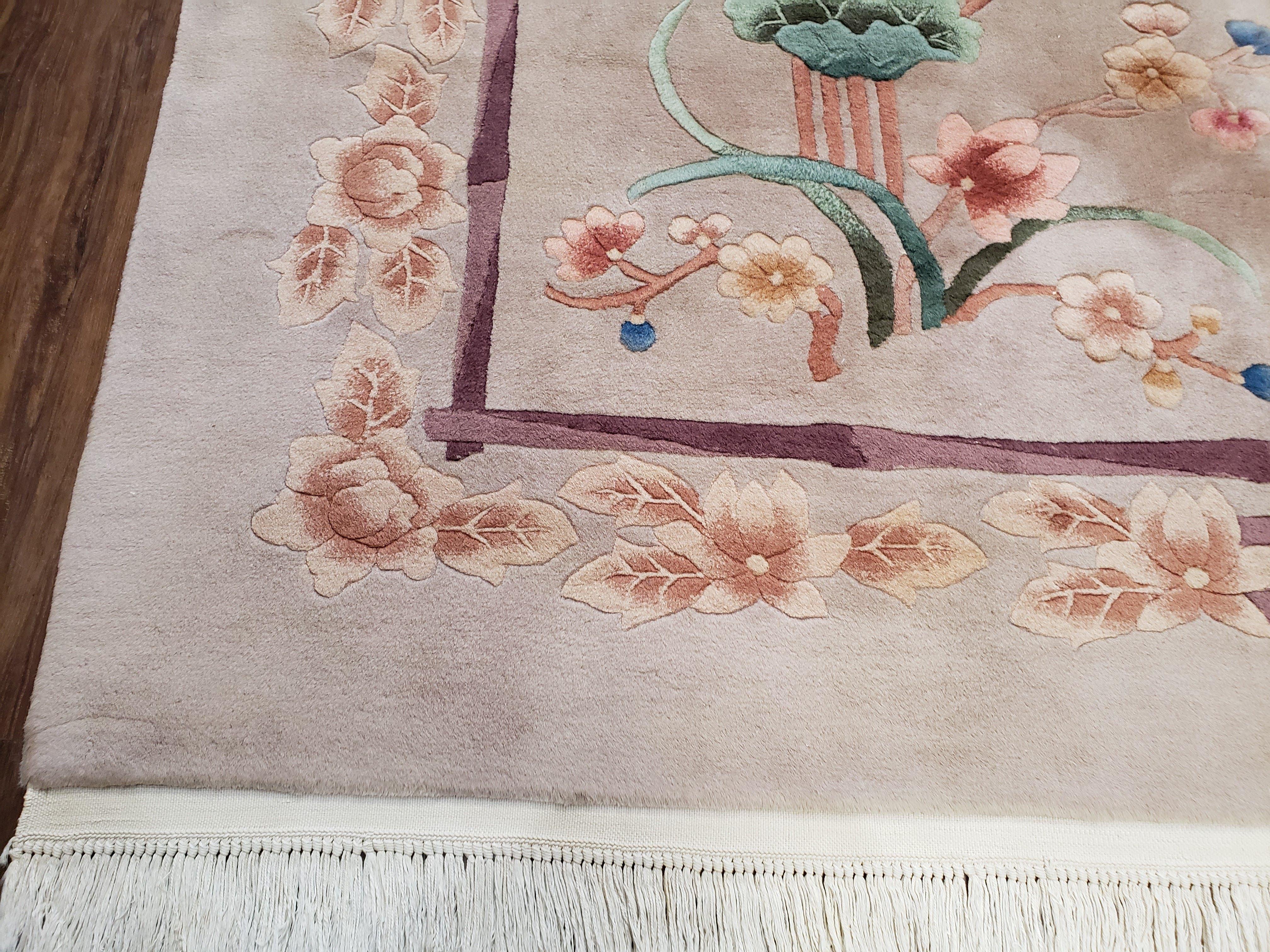 Vintage Chinese Carving Rug 8x10, Flowers, Minimal Design, Open Field, Beige, Soft Wool, Thick Pile, Hand-Knotted Area Rug, Chinese Carpet - Jewel Rugs