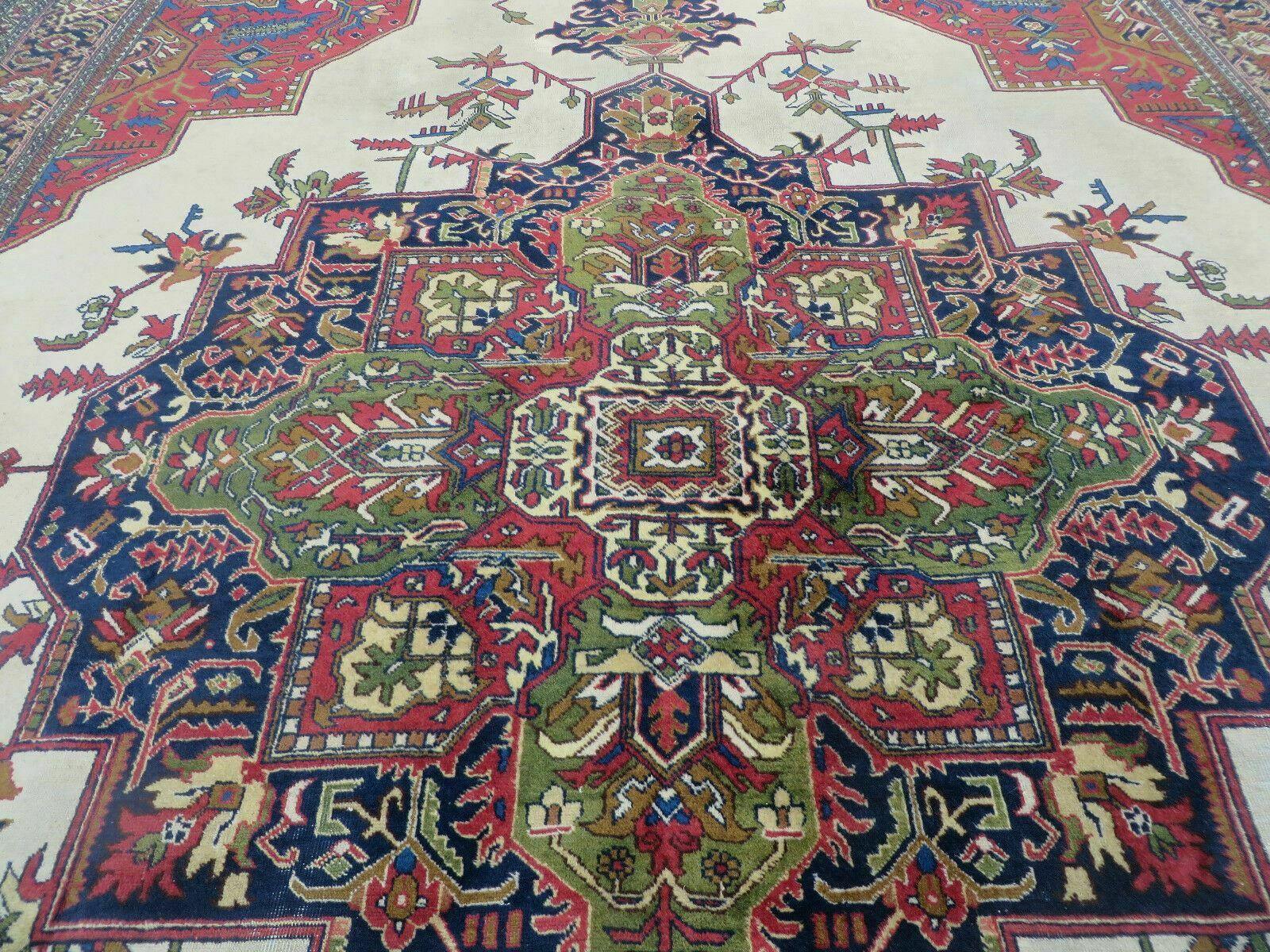 Persian Tabriz Rug 10x13 Oriental Carpet, Ivory Open Field, Geometric Medallion, Red Blue, Hand Knotted, Large Wool Area Rug Vintage Antique 1950s - Jewel Rugs