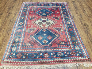 Vintage Turkish Kazak Area Rug 4.3 x 5.9, Wool Hand-Knotted Red & Blue Turkish Oriental Carpet, 4 x 6 Decorative 1960s Rug, Foyer Room Rug - Jewel Rugs