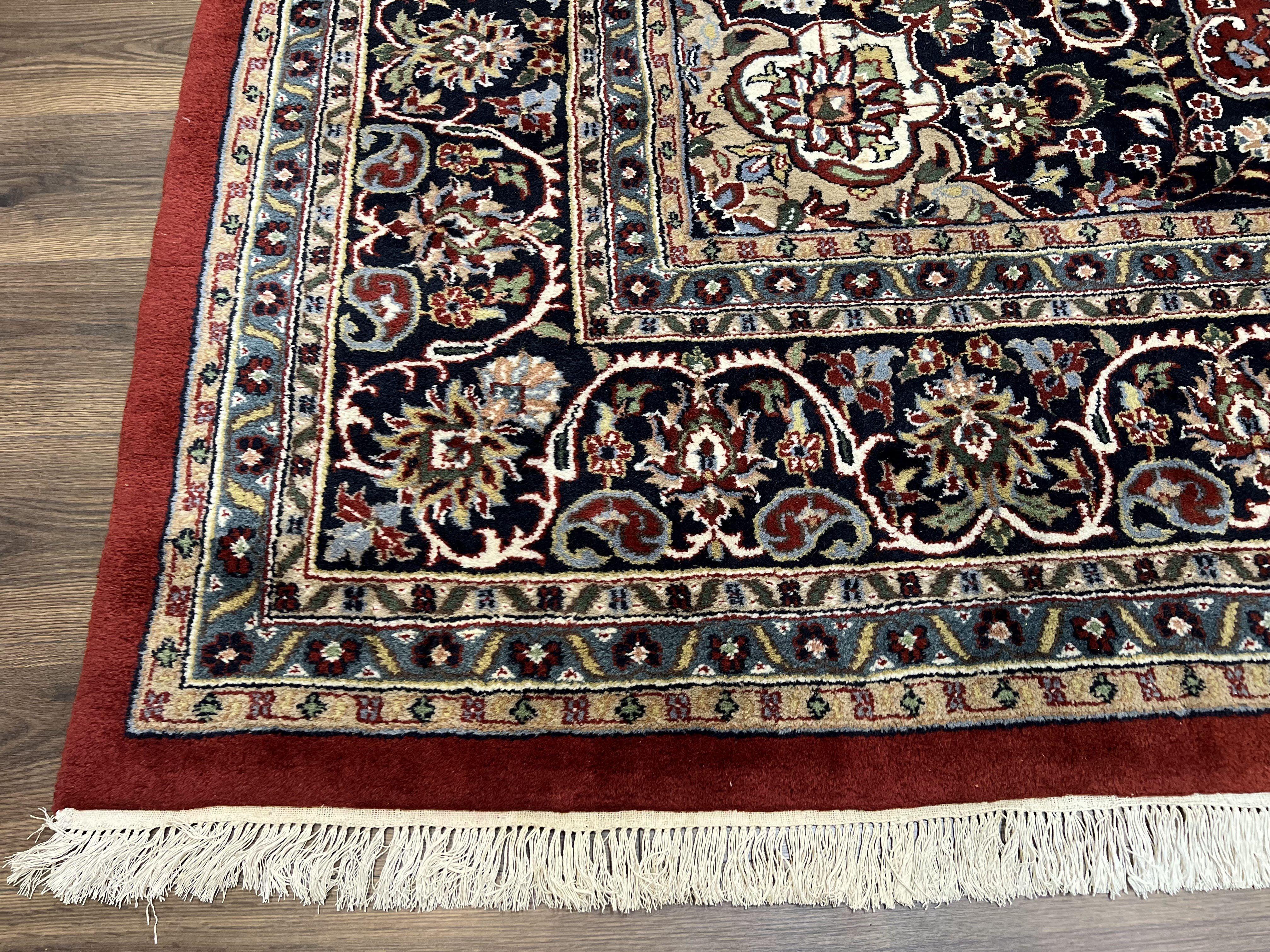 Large Indo Persian Rug 10x14, Wool Handmade Vintage Oriental Carpet Red and Dark Blue Medallion Rug Corner Design, Allover Floral Indian Rug - Jewel Rugs