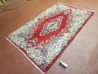 3x5 Persian Kirman Rug, Oriental Persian Carpet 3 x 5, Wool Vintage Hand-Knotted Rug, Floral Medallion, Open Field, Small Rug, Red Beige Light Blue - Jewel Rugs