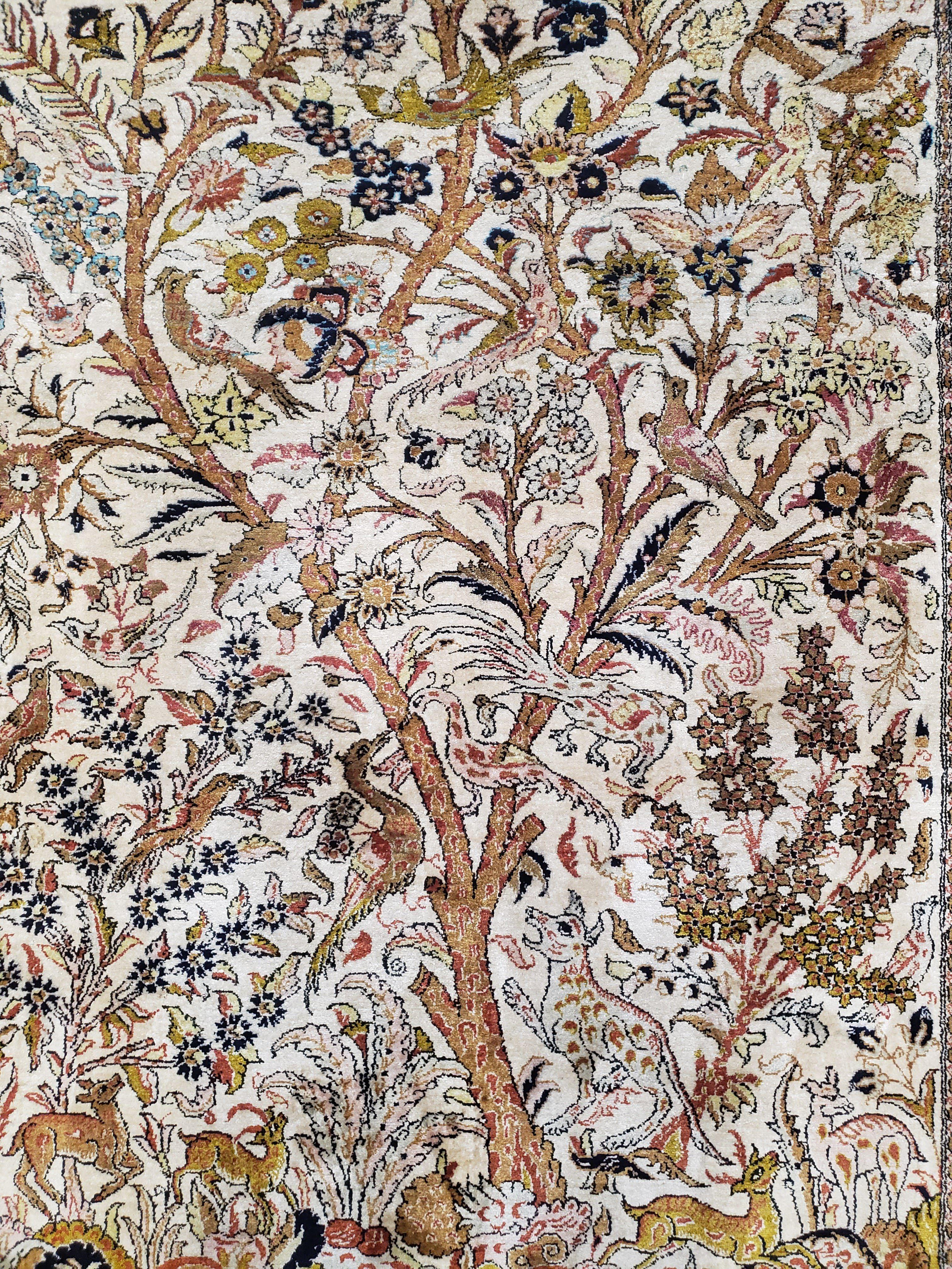 Stunning Semi Antique Silk Persian Qum Tree of Life Rug, Animal Motifs, Hand-Knotted, Cream and Gold, 4'8" x 7' 2" - Jewel Rugs