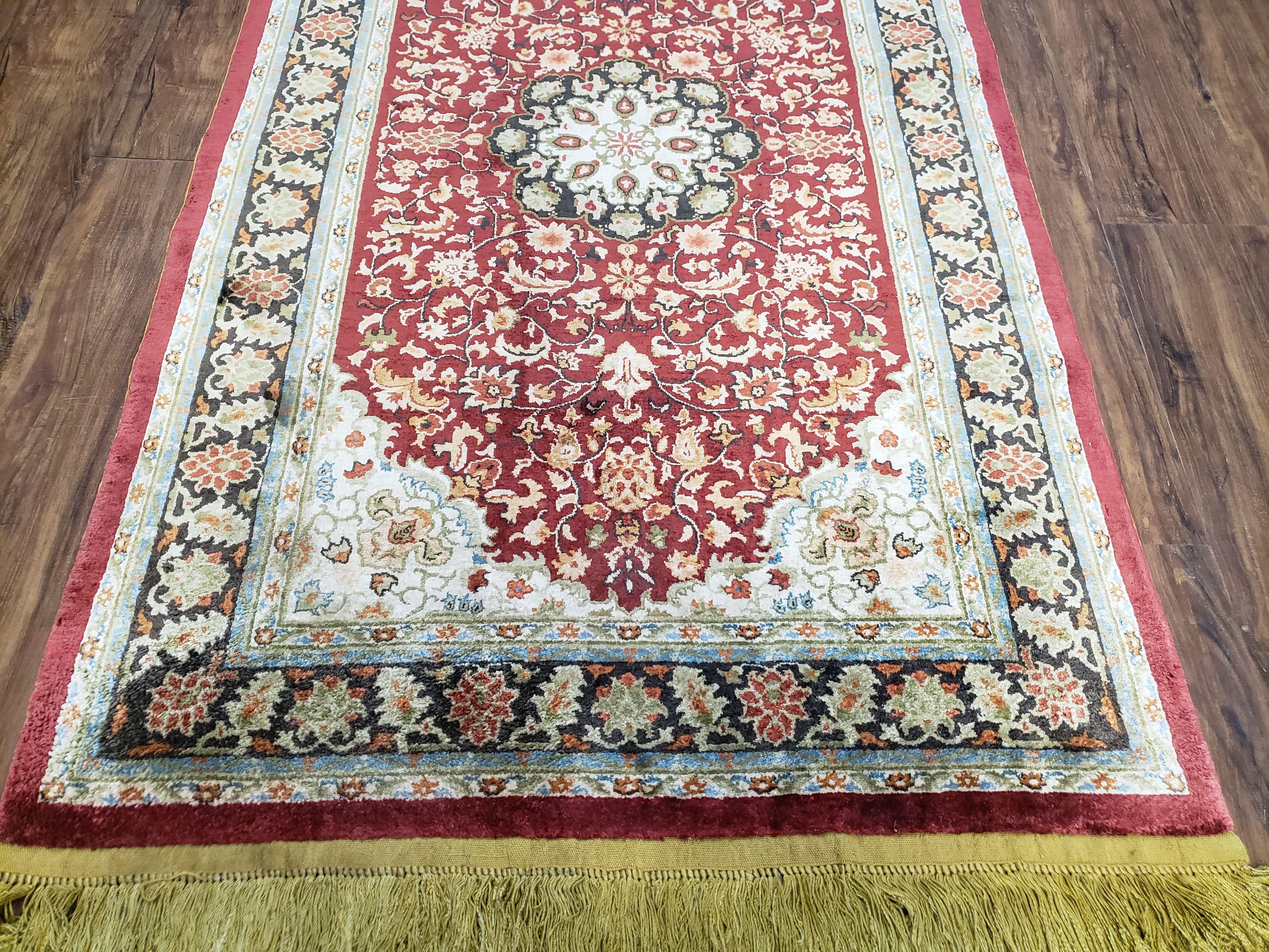 3x5 Silk Hand-Knotted Rug, Silk Oriental Carpet 5 x 3, Red & Ivory, Floral Medallion, Gold Fringes, Semi Antique Vintage Traditional Rug - Jewel Rugs