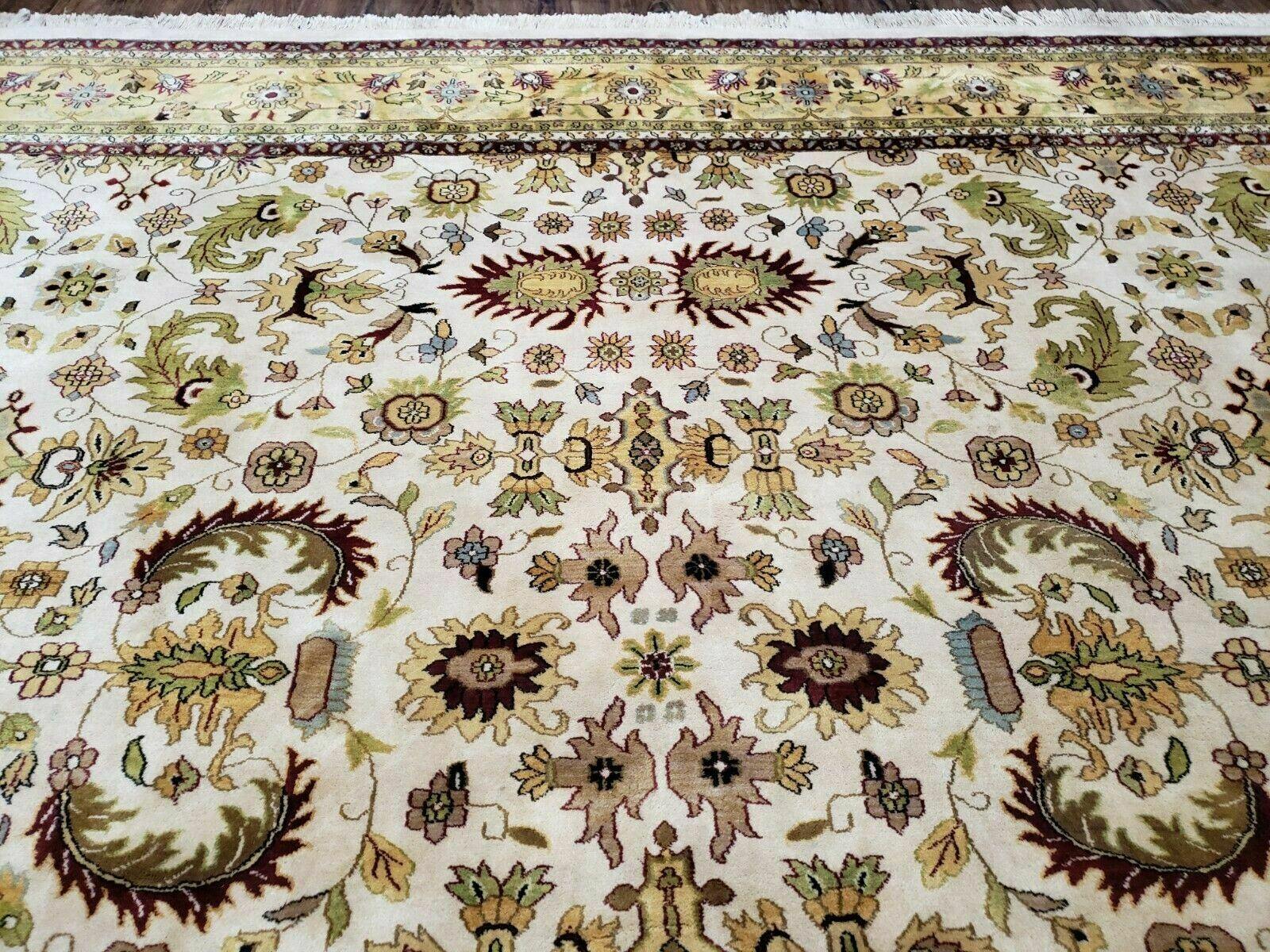 10' X 13' Vintage Hand-Knotted Made India Agra Wool Rug Vegetable Dye Ivory Gold - Jewel Rugs